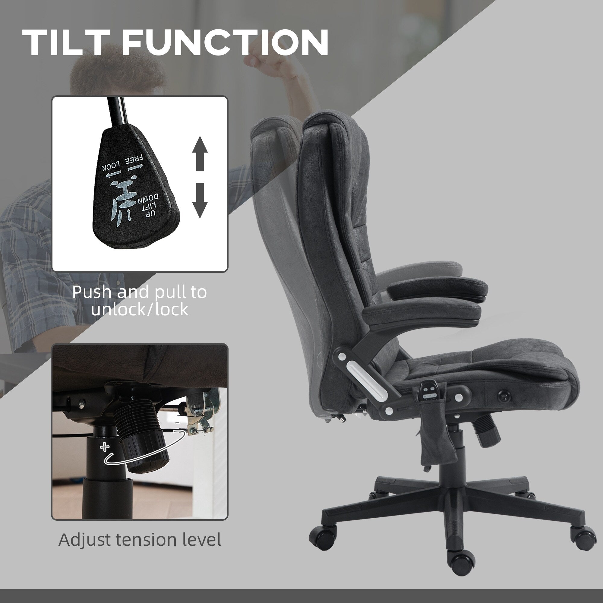 Fauteuil de bureau ergonomique chauffant et massant, inclinable, dossier haut, avec vibrations à 6 points et hauteur réglable
