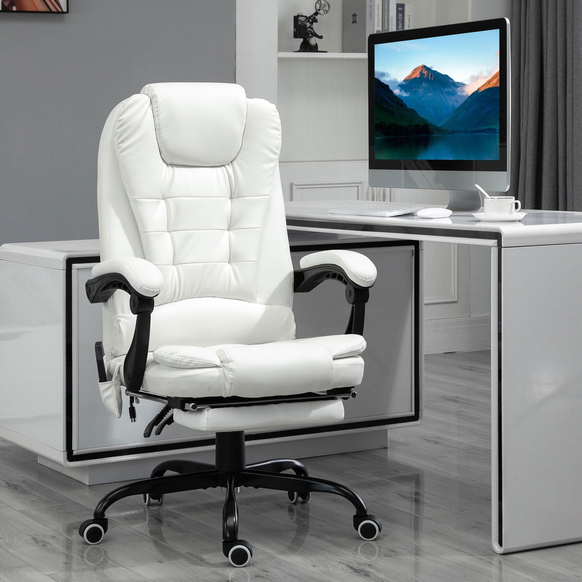 Fauteuil de bureau ergonomique à dossier haut, inclinable et rembourré en cuir synthétique, avec repose-pieds rétractable et vibrant à 7 points