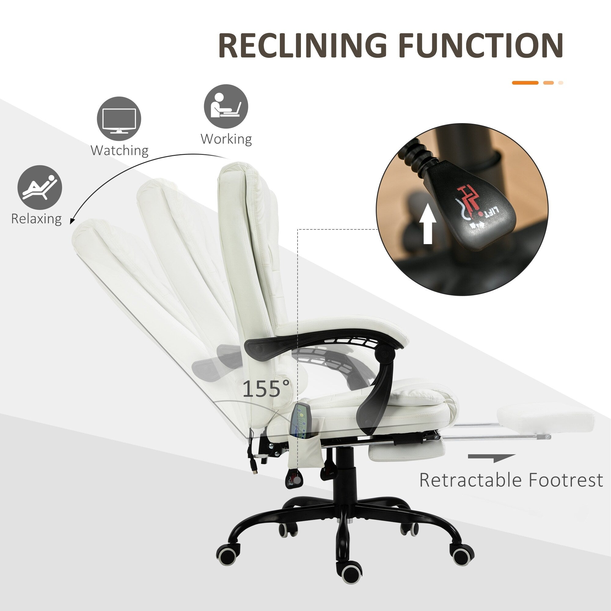 Fauteuil de bureau ergonomique à dossier haut, inclinable et rembourré en cuir synthétique, avec repose-pieds rétractable et vibrant à 7 points