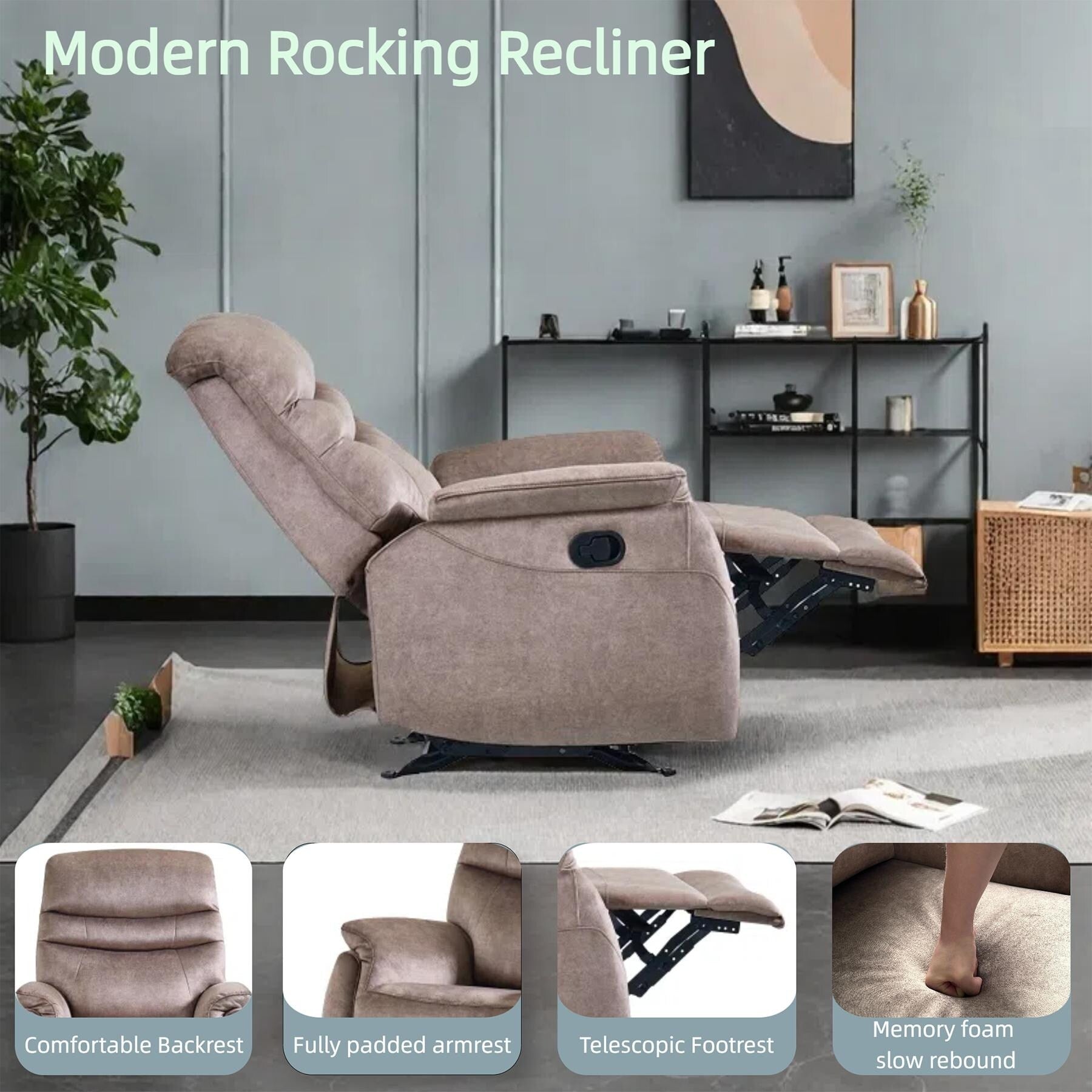 Fauteuil à bascule manuel ergonomique, fauteuil inclinable réglable moderne, dossier haut, canapé simple, siège rembourré