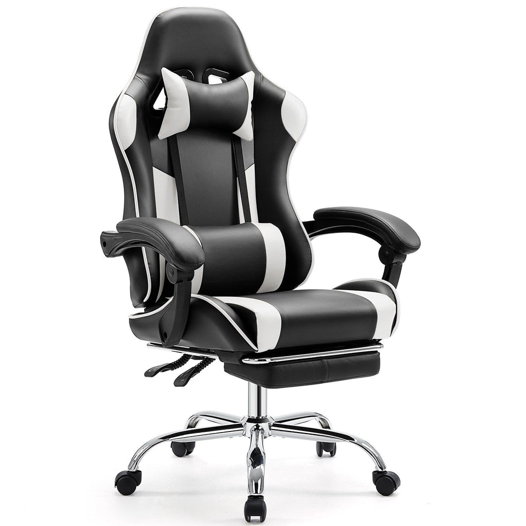 Fauteuil de jeu ergonomique pivotant à 360° en cuir PU avec repose-pieds, appui-tête, support lombaire et hauteur réglable