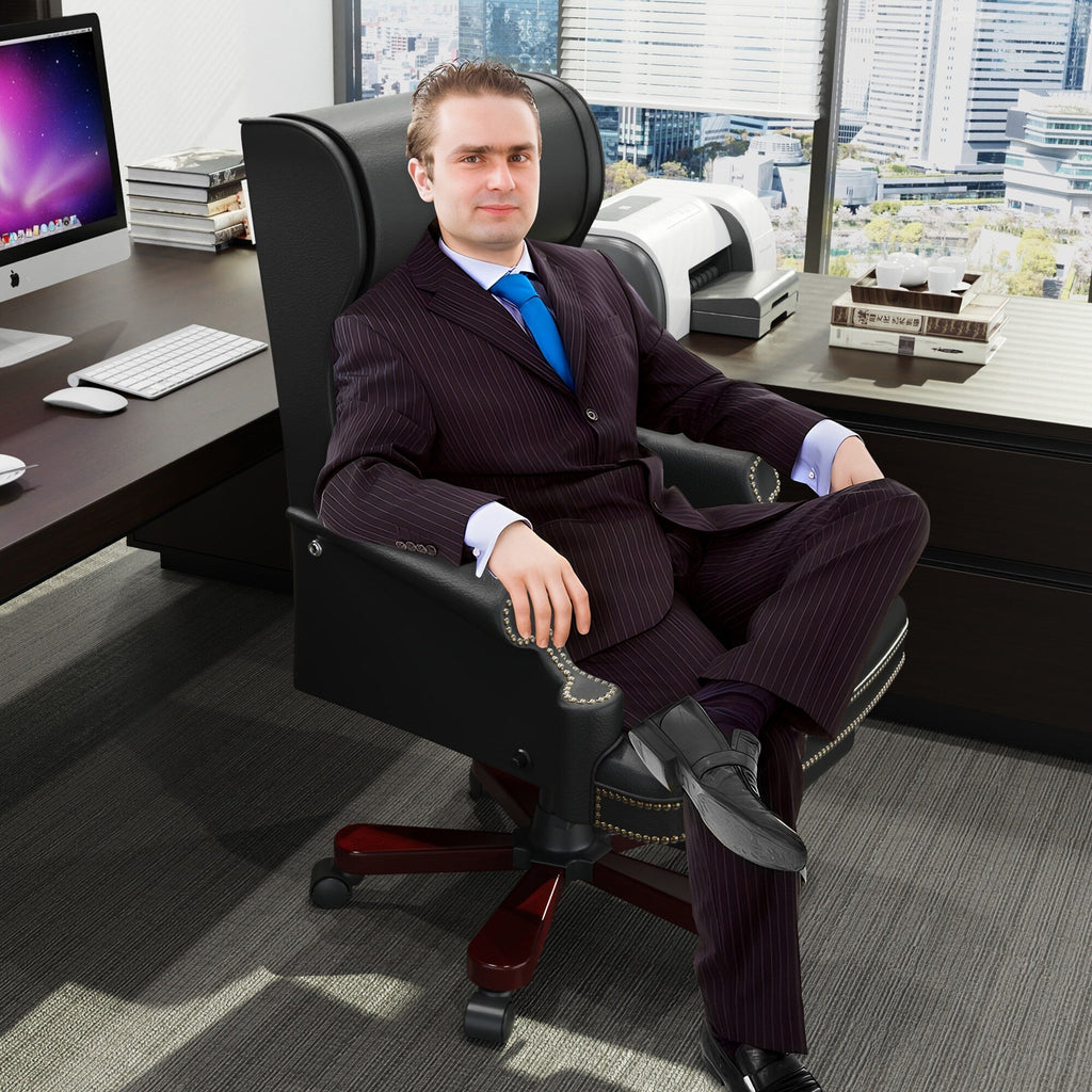 Fauteuil de bureau pivotant ergonomique en similicuir avec repose-pieds, dossier capitonné et décoration cloutée