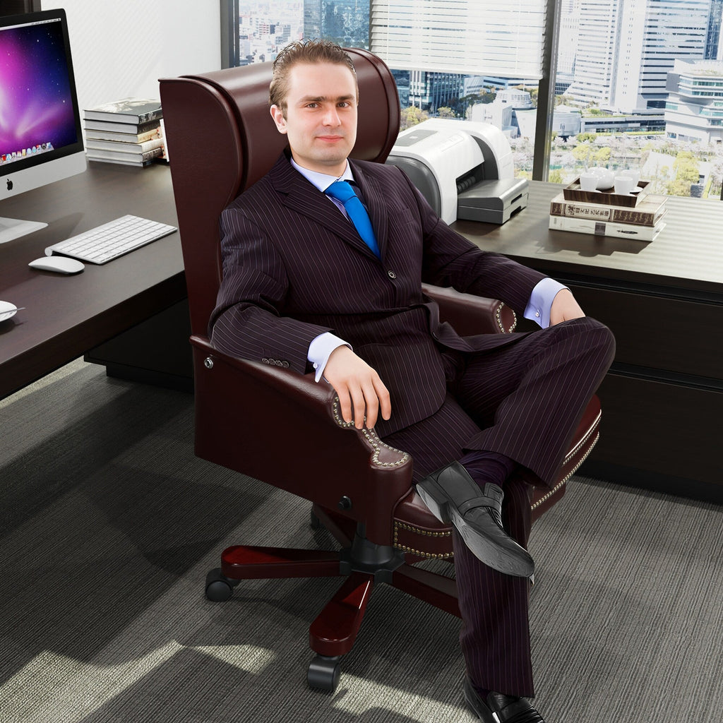 Fauteuil de bureau pivotant ergonomique en similicuir avec repose-pieds, dossier capitonné et décoration cloutée