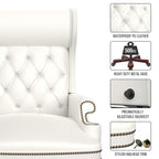 Fauteuil de bureau pivotant ergonomique en similicuir avec repose-pieds, dossier capitonné et décoration cloutée