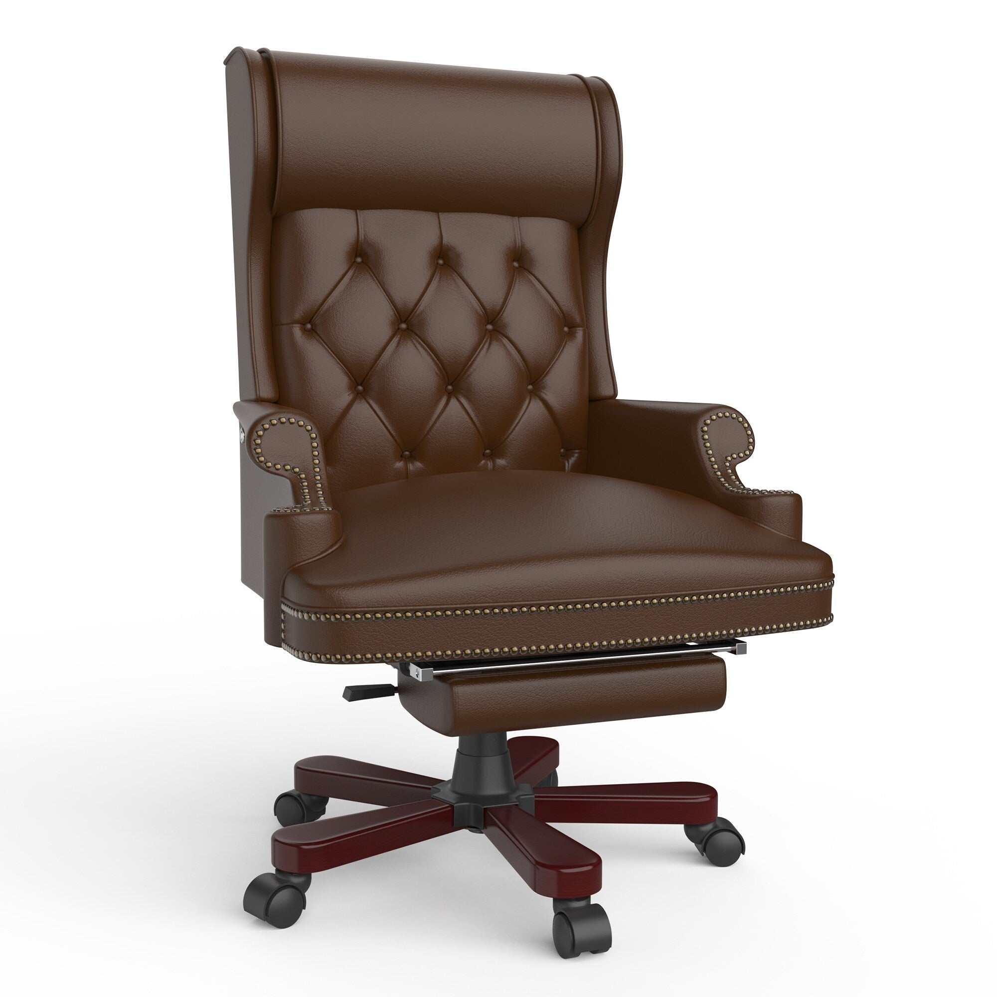 Fauteuil de bureau pivotant ergonomique en similicuir avec repose-pieds, dossier capitonné et décoration cloutée