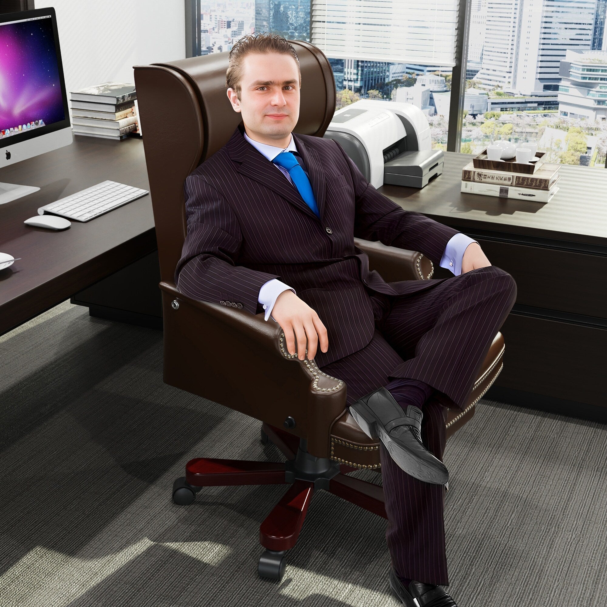 Fauteuil de bureau pivotant ergonomique en similicuir avec repose-pieds, dossier capitonné et décoration cloutée