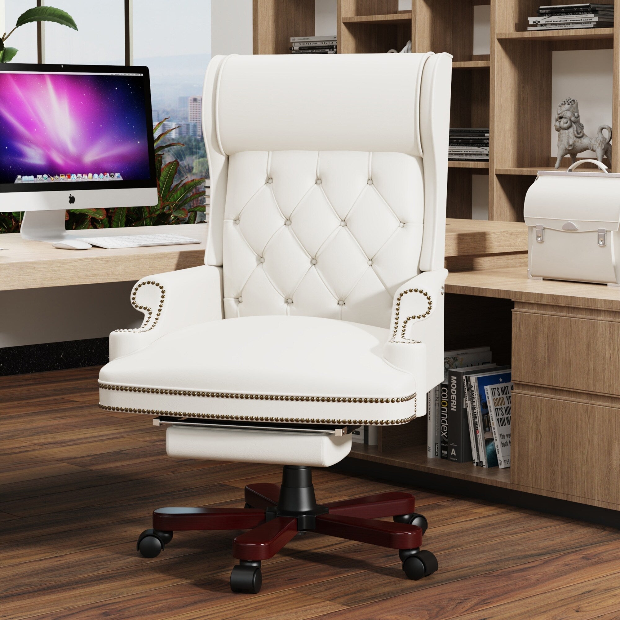 Fauteuil de bureau pivotant ergonomique en similicuir avec repose-pieds, dossier capitonné et décoration cloutée