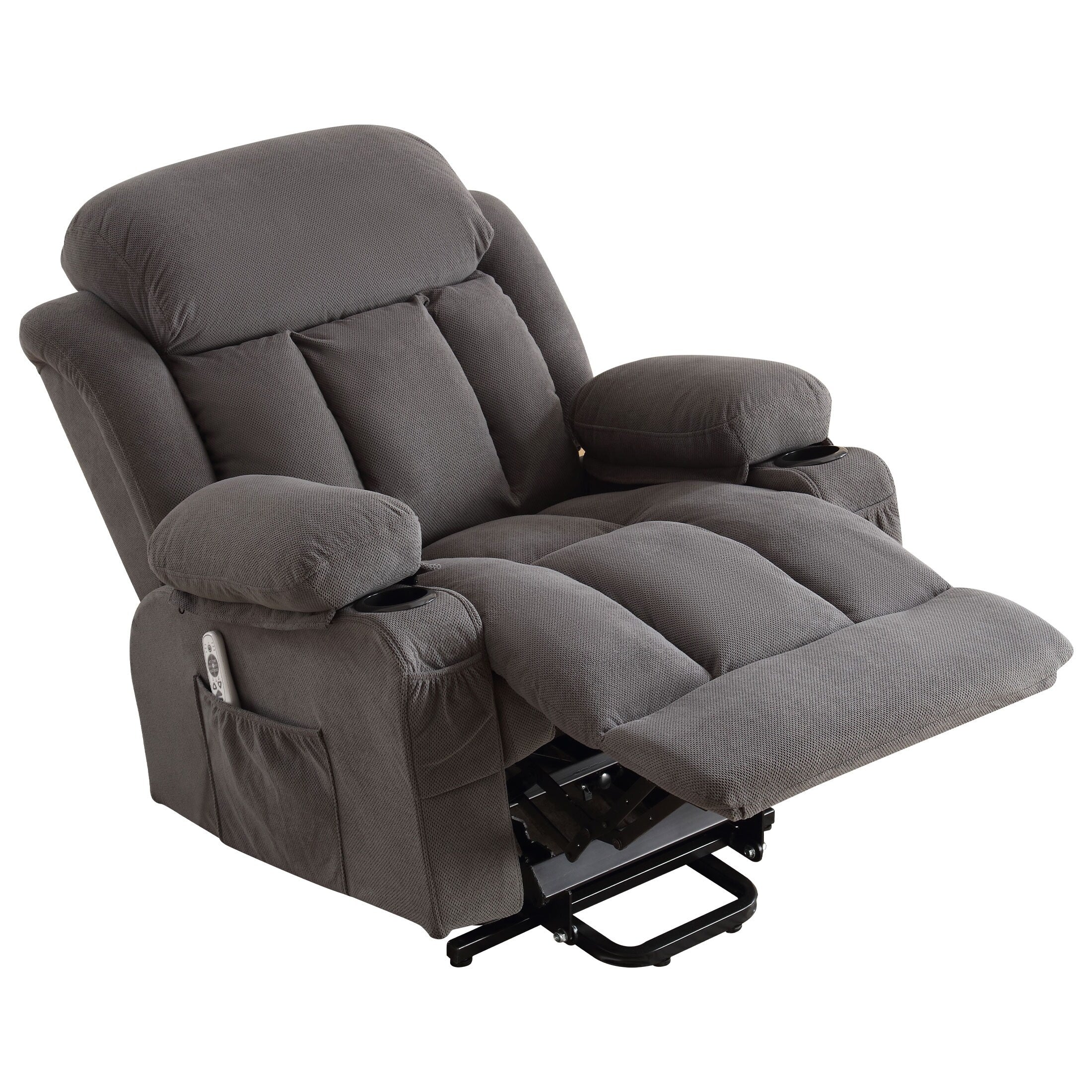 Fauteuil inclinable ergonomique avec releveur électrique, canapé chauffant et massant en tissu avec chargement USB, poches latérales et télécommande
