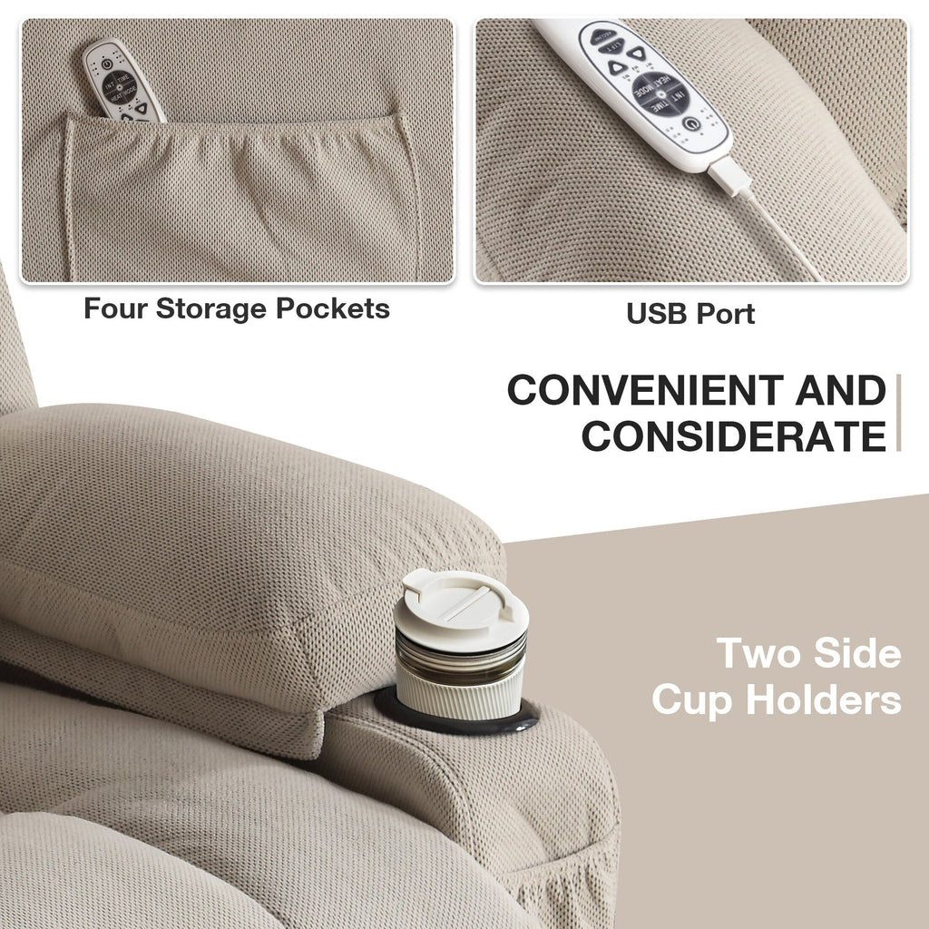 Fauteuil inclinable ergonomique avec releveur électrique, canapé chauffant et massant en tissu avec chargement USB, poches latérales et télécommande