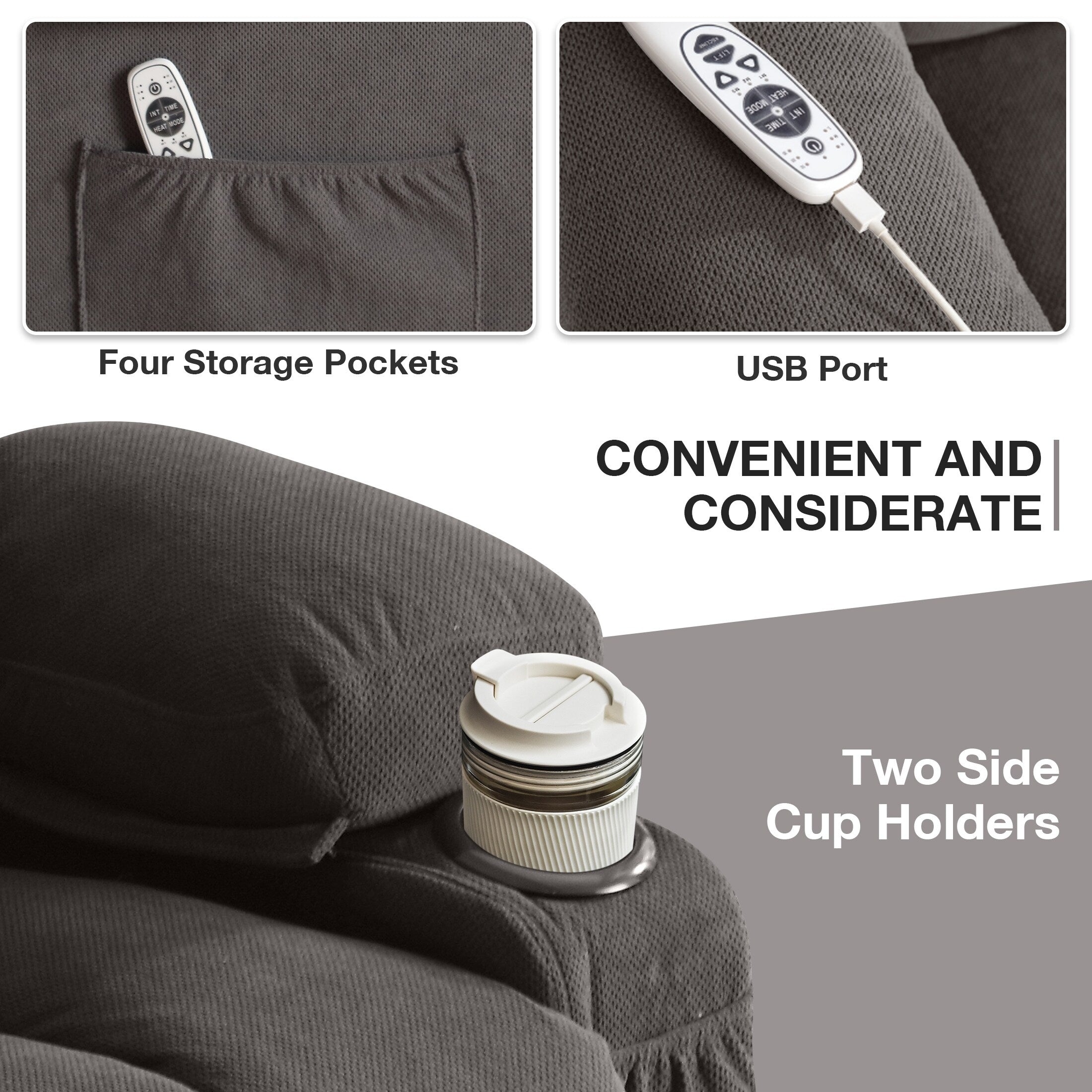 Fauteuil inclinable ergonomique avec releveur électrique, canapé chauffant et massant en tissu avec chargement USB, poches latérales et télécommande