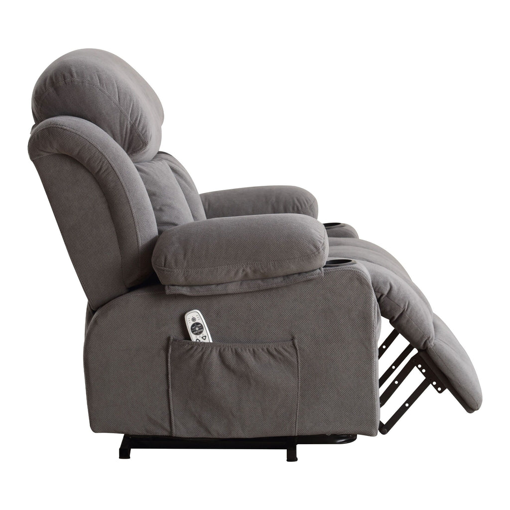 Fauteuil inclinable ergonomique avec releveur électrique, canapé chauffant et massant en tissu avec chargement USB, poches latérales et télécommande