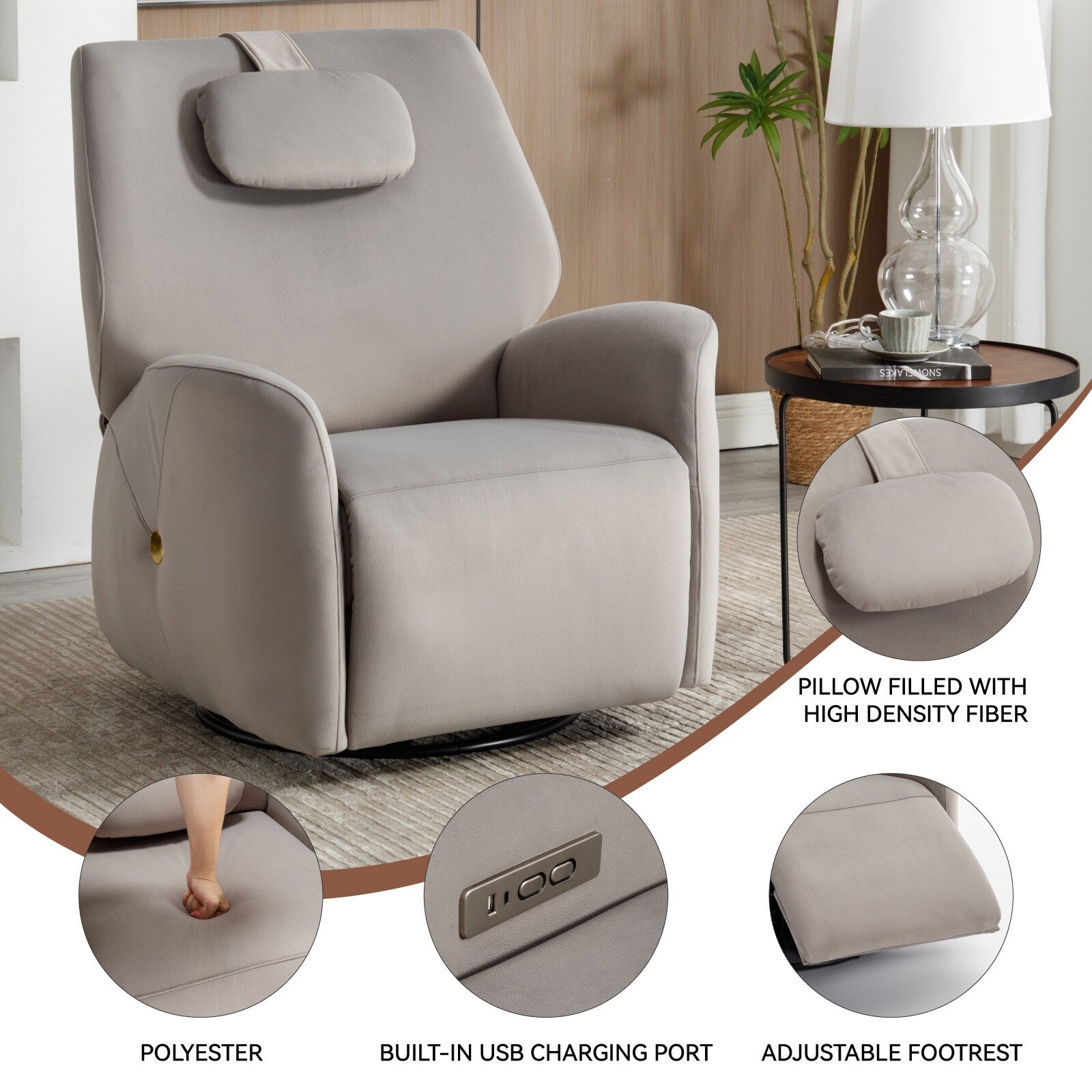 Fauteuil inclinable électrique ergonomique, pivotant et à bascule, avec ports USB et Type-C, coussin de soutien lombaire et cervical