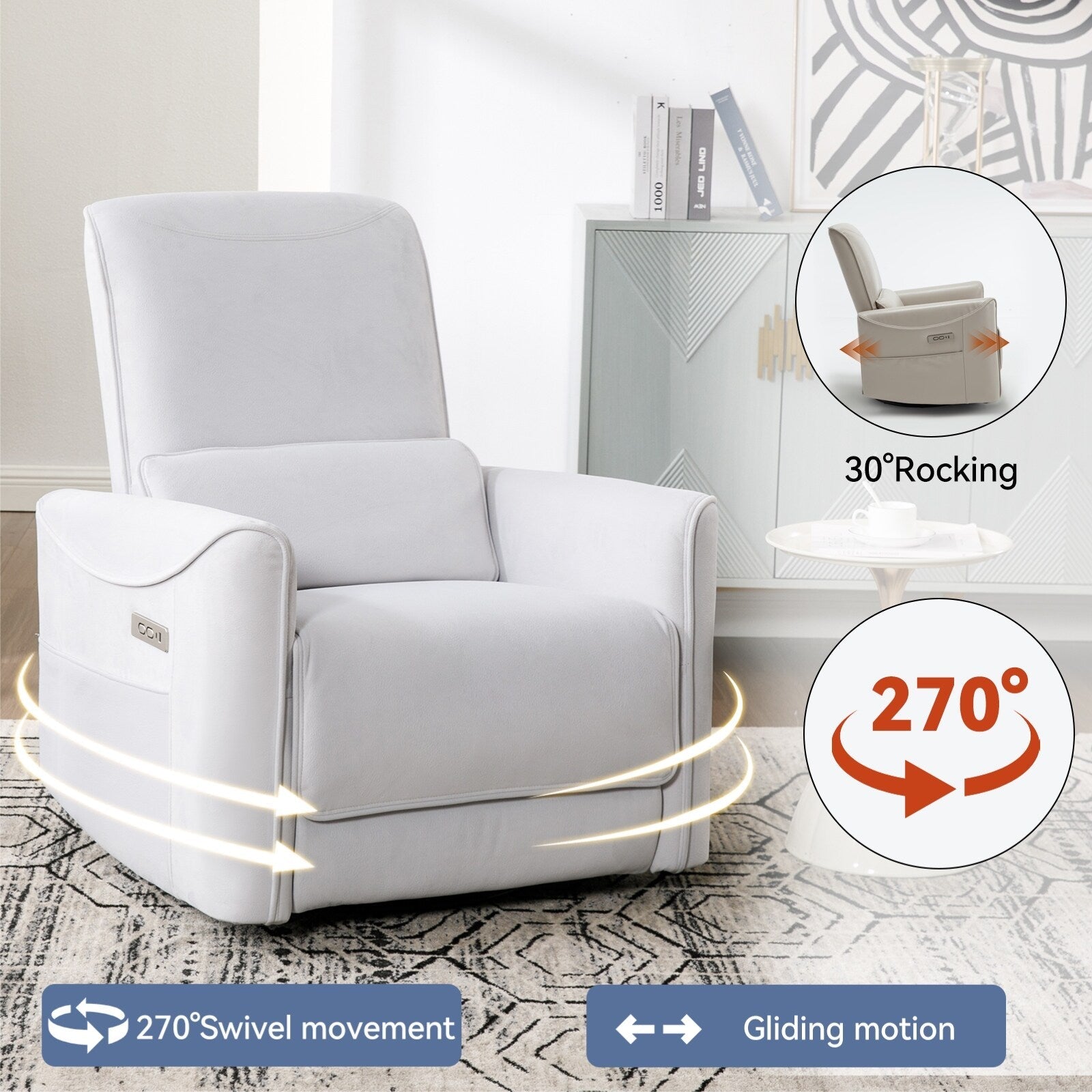 Fauteuil inclinable électrique ergonomique pivotant à 270°, mouvement de bascule doux, revêtement durable, ports USB et Type-C