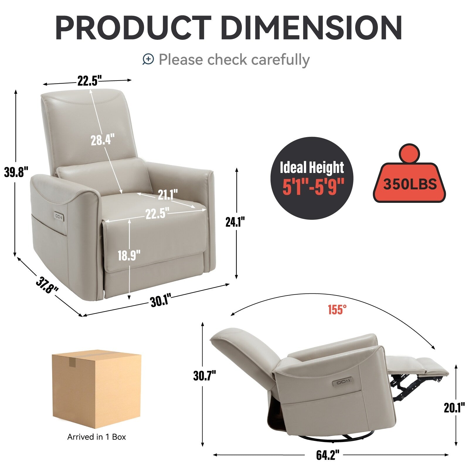 Fauteuil inclinable électrique ergonomique pivotant à 270°, mouvement de bascule doux, revêtement durable, ports USB et Type-C