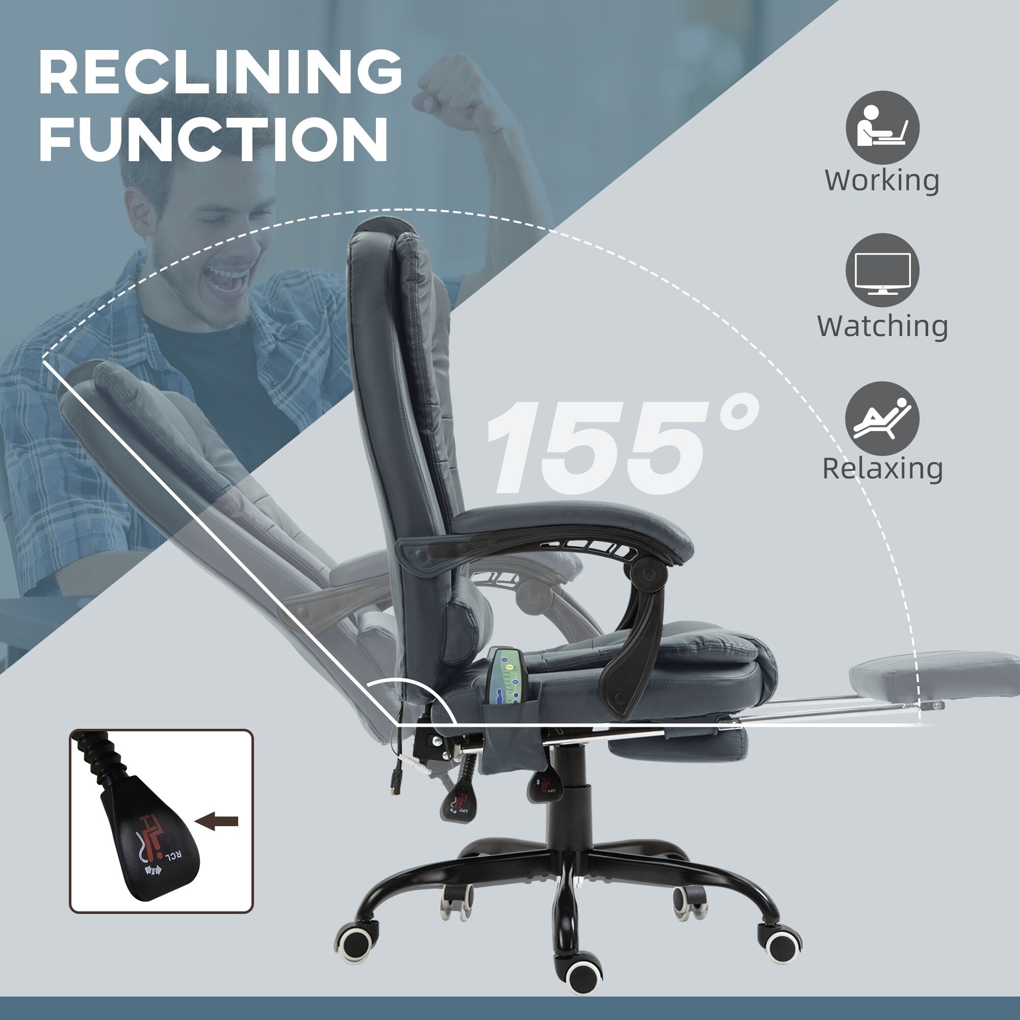 Chaise de bureau ergonomique à vibrations et massage avec dossier inclinable, hauteur réglable et repose-pieds rétractable