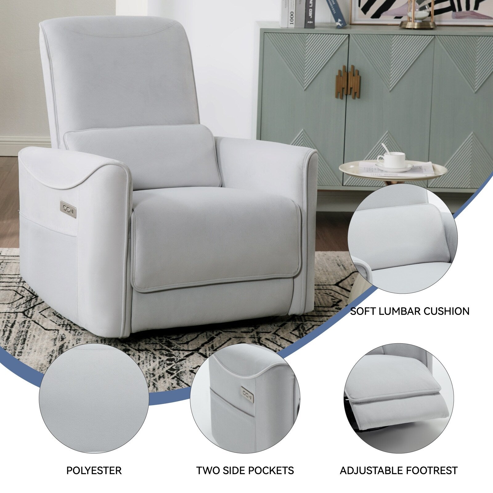 Fauteuil inclinable pivotant et ergonomique, fauteuil à bascule électrique, canapé simple, mécanisme de mouvement robuste avec ports USB et Type-C