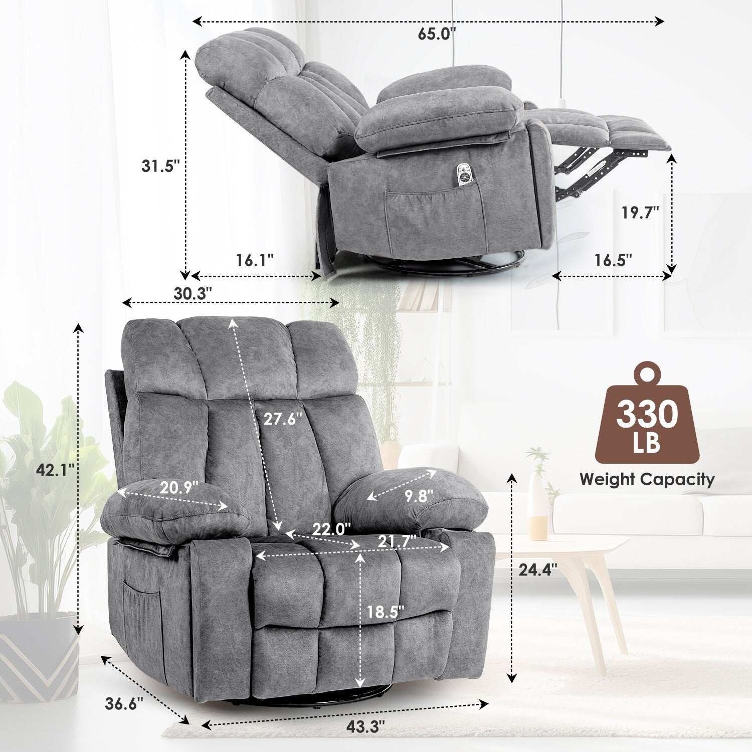 Fauteuil de massage pivotant ergonomique en velours avec chauffage, 8 points de massage, base à bascule, chargement USB, porte-gobelets et poches latérales