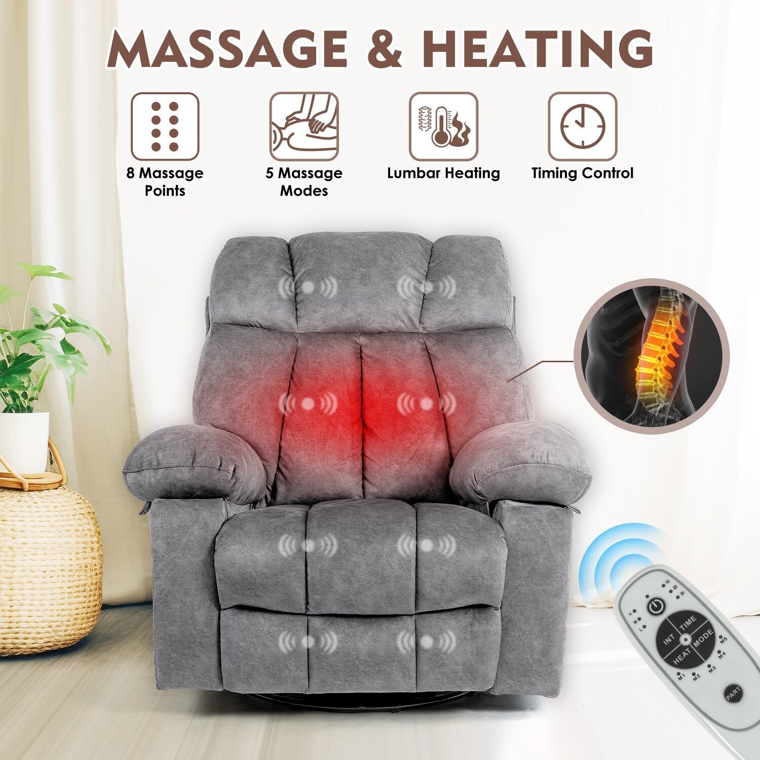 Fauteuil de massage pivotant ergonomique en velours avec chauffage, 8 points de massage, base à bascule, chargement USB, porte-gobelets et poches latérales