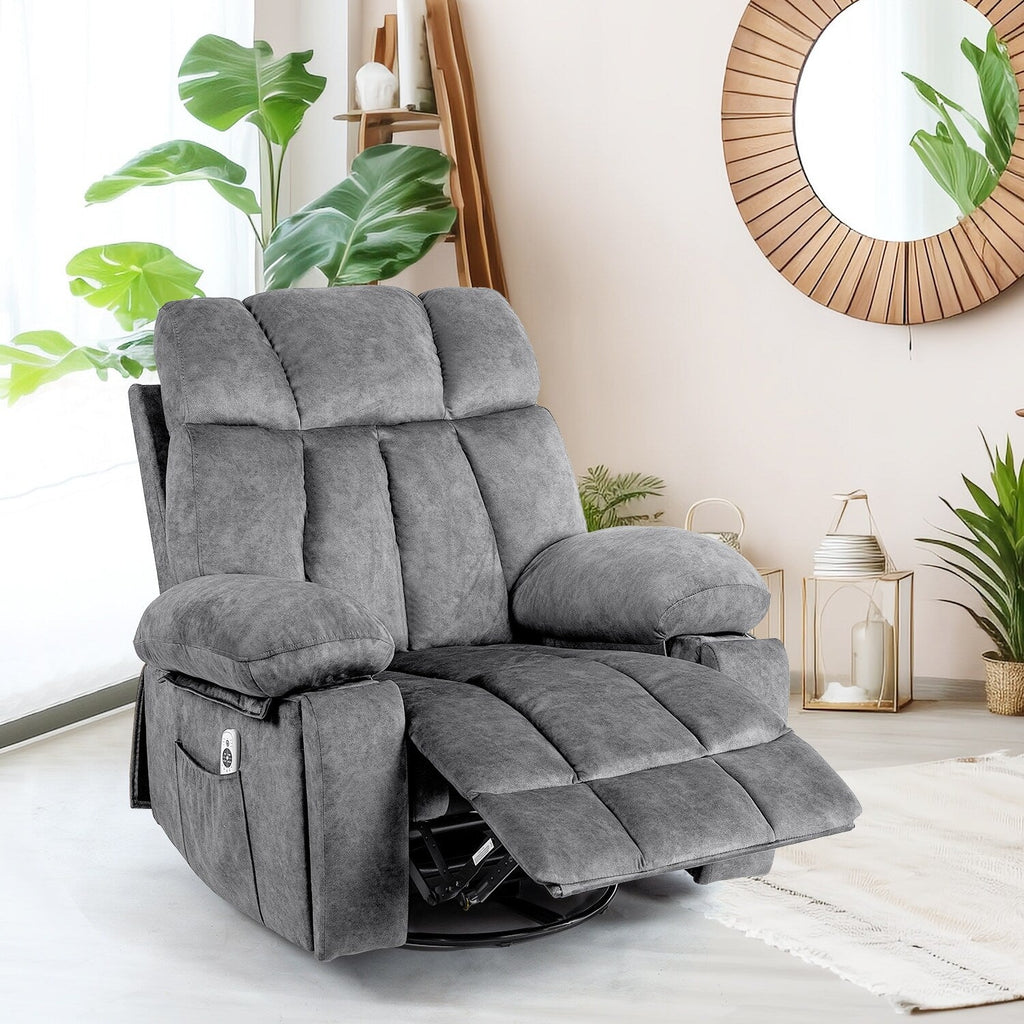 Fauteuil de massage pivotant ergonomique en velours avec chauffage, 8 points de massage, base à bascule, chargement USB, porte-gobelets et poches latérales