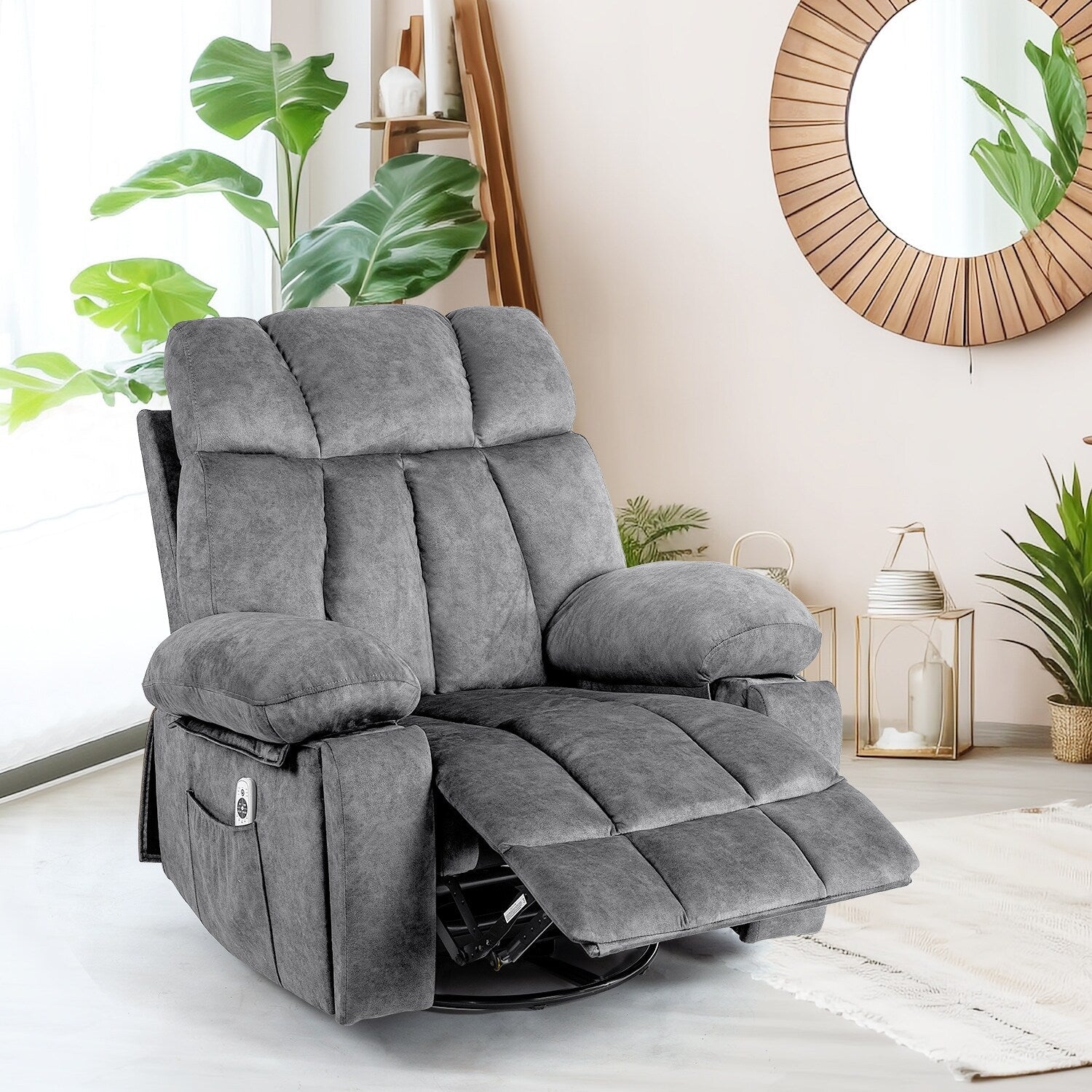 Fauteuil de massage pivotant ergonomique en velours avec chauffage, 8 points de massage, base à bascule, chargement USB, porte-gobelets et poches latérales