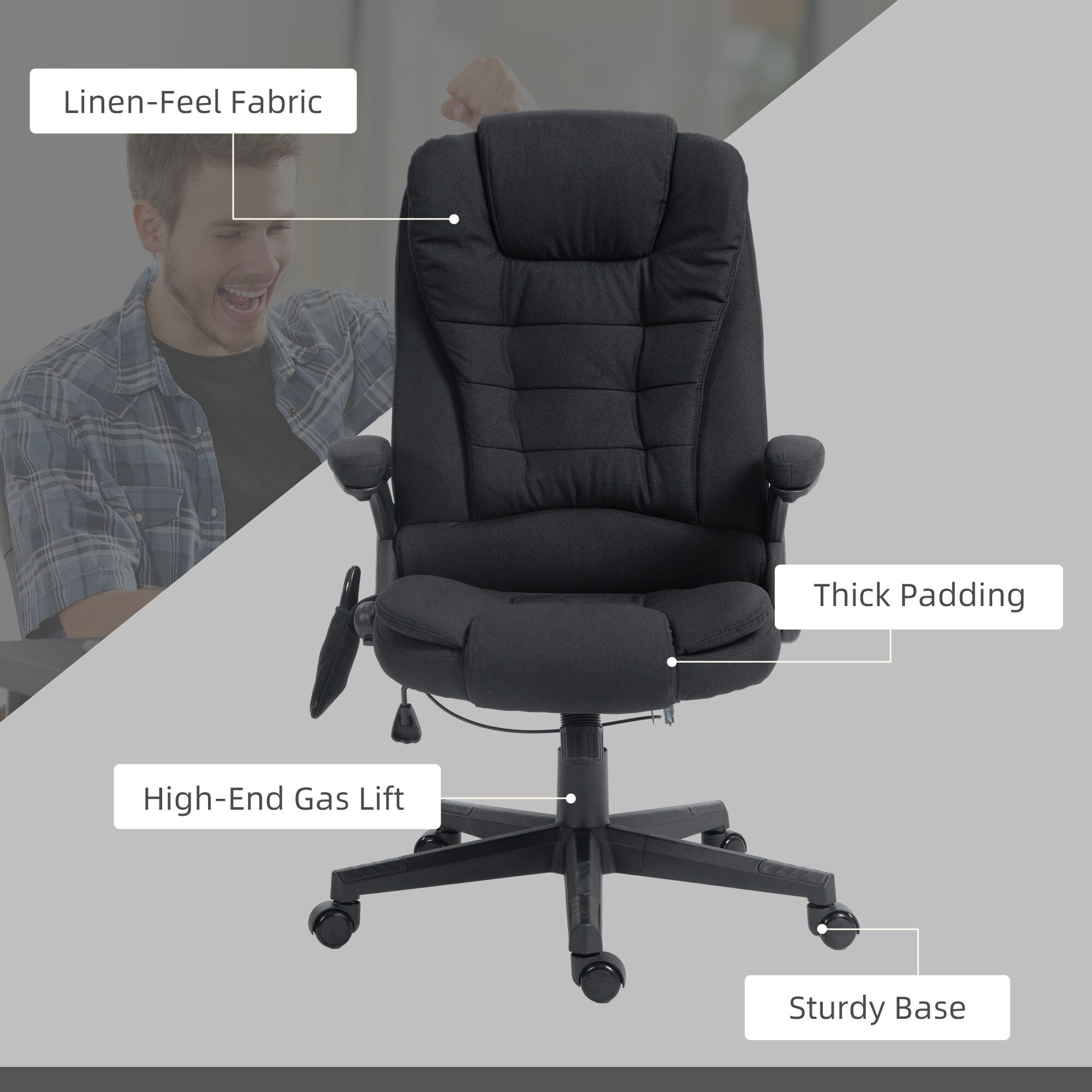 Fauteuil de bureau ergonomique à vibrations et massage, dossier réglable, inclinable, avec 6 points de massage et chauffage lombaire