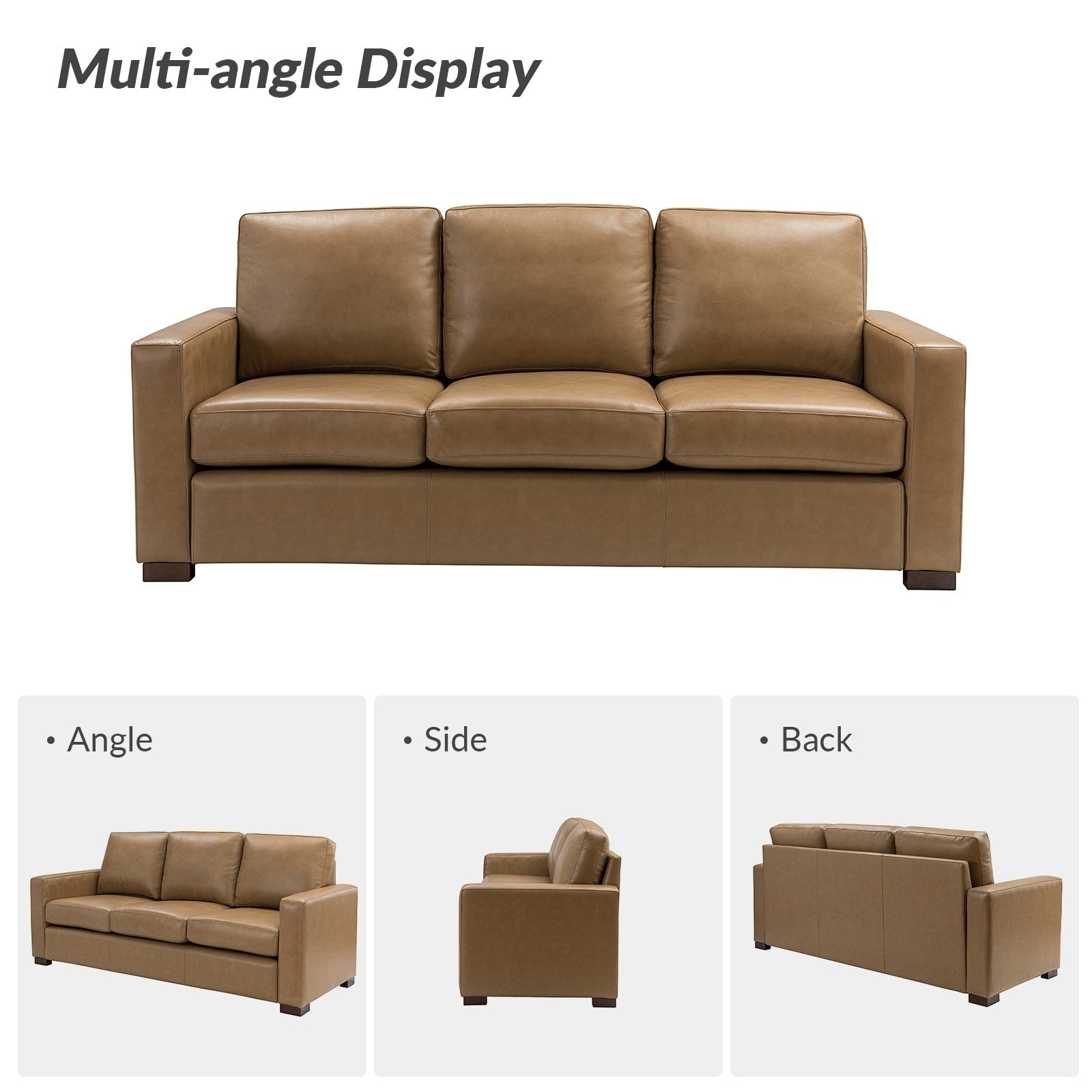 Canapé Ernando 83.46 en cuir véritable avec accoudoirs carrés et coussins