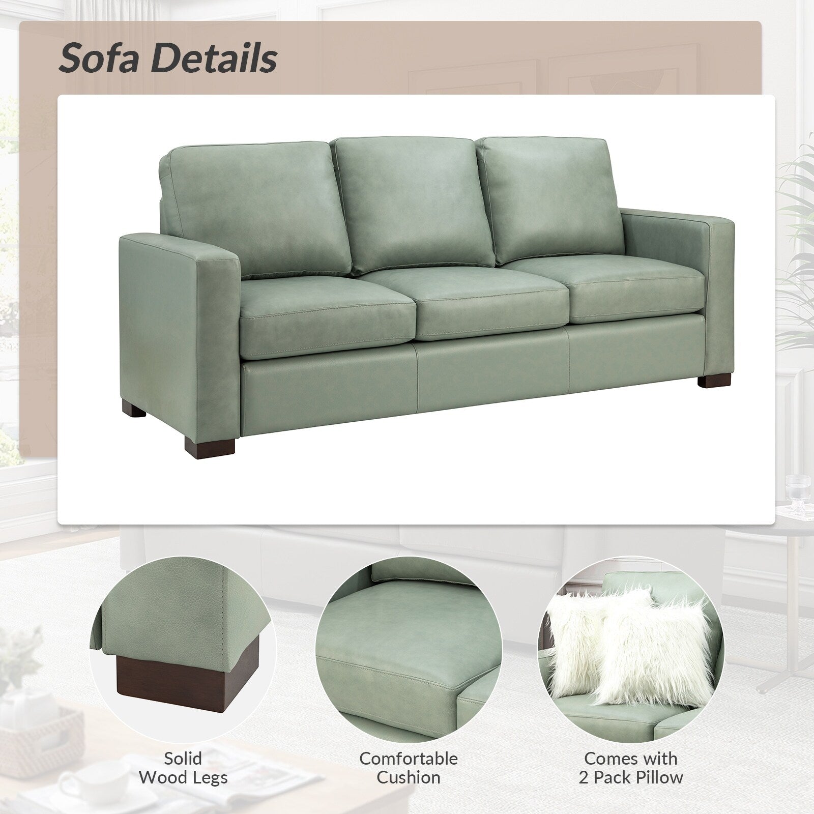 Canapé Ernando 83.46 en cuir véritable avec accoudoirs carrés et coussins