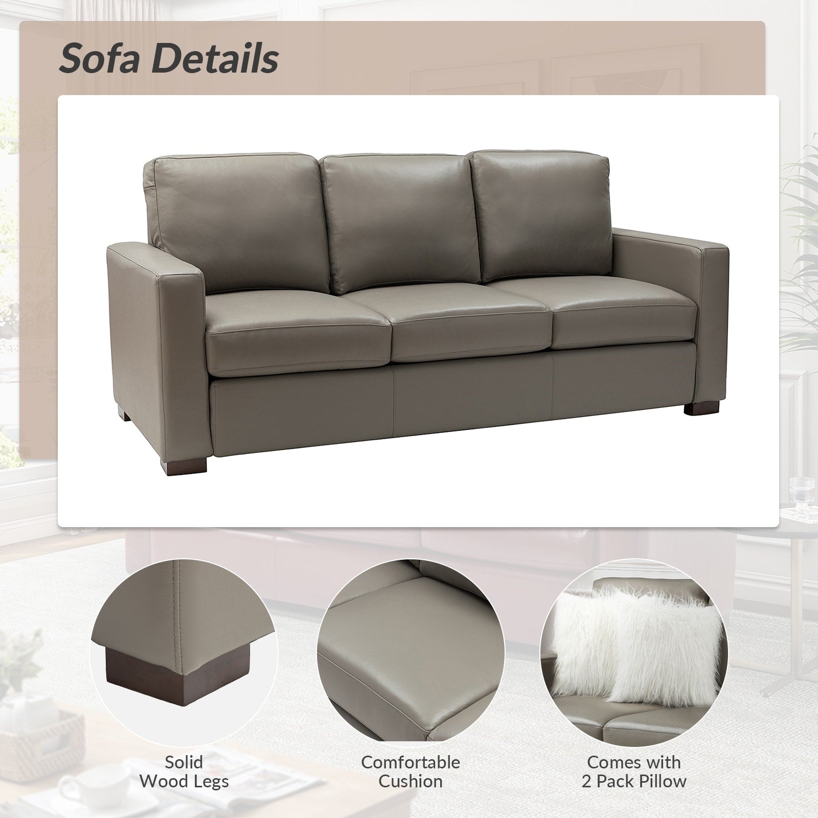 Canapé Ernando 83.46 en cuir véritable avec accoudoirs carrés et coussins