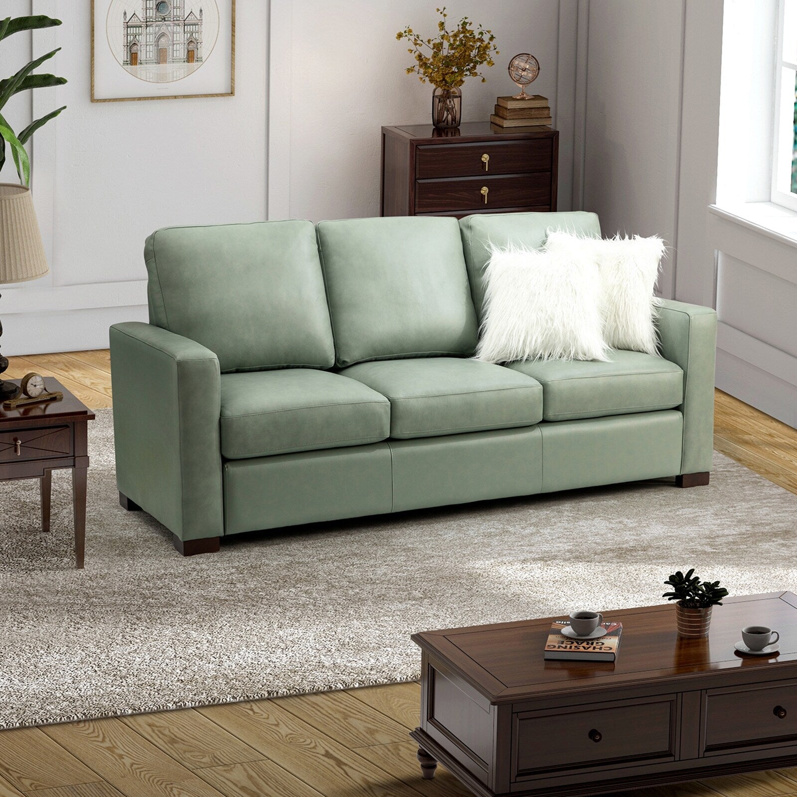 Canapé Ernando 83.46 en cuir véritable avec accoudoirs carrés et coussins