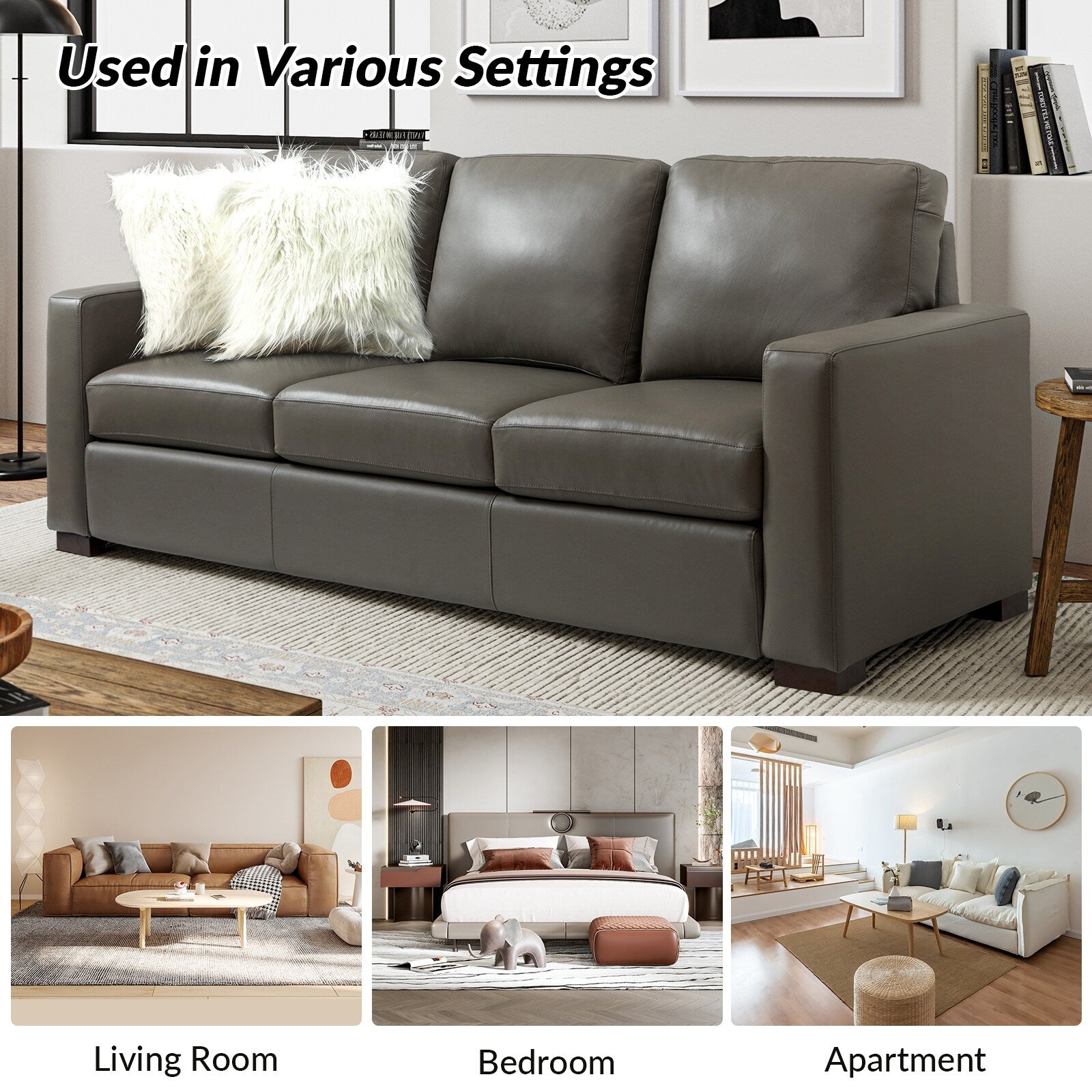 Canapé Ernando 83.46 en cuir véritable avec accoudoirs carrés et coussins