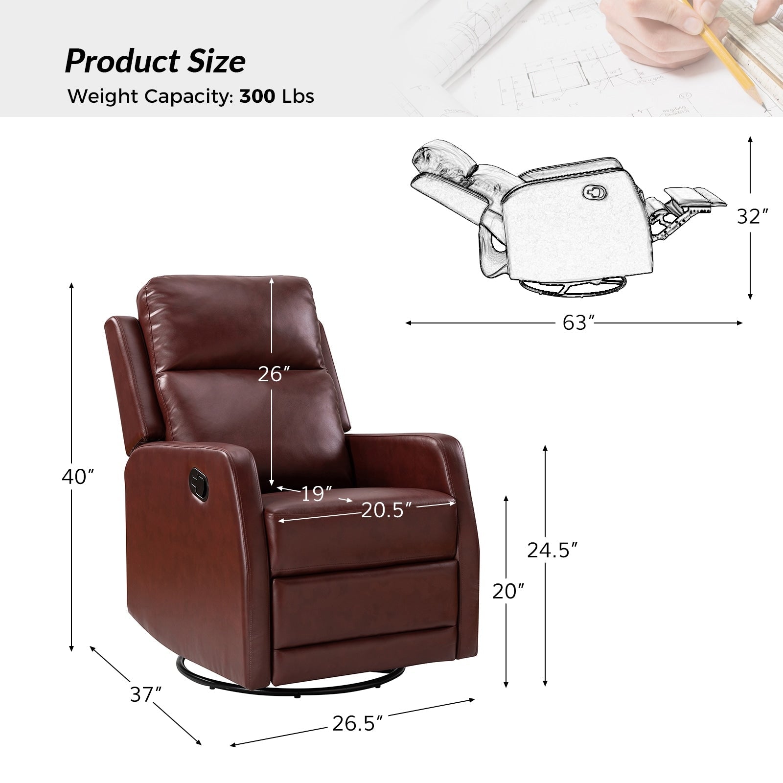 Fauteuil inclinable pivotant manuel Esteban en similicuir moderne avec dossier à oreilles, lot de 2