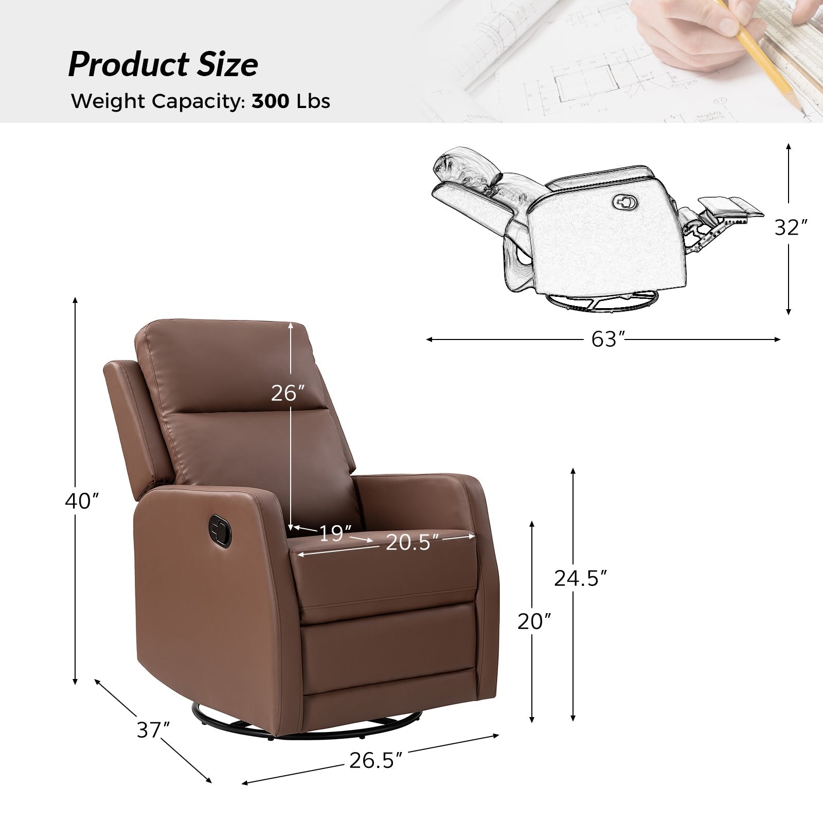 Fauteuil inclinable pivotant manuel Esteban en similicuir moderne avec dossier à oreilles, lot de 2