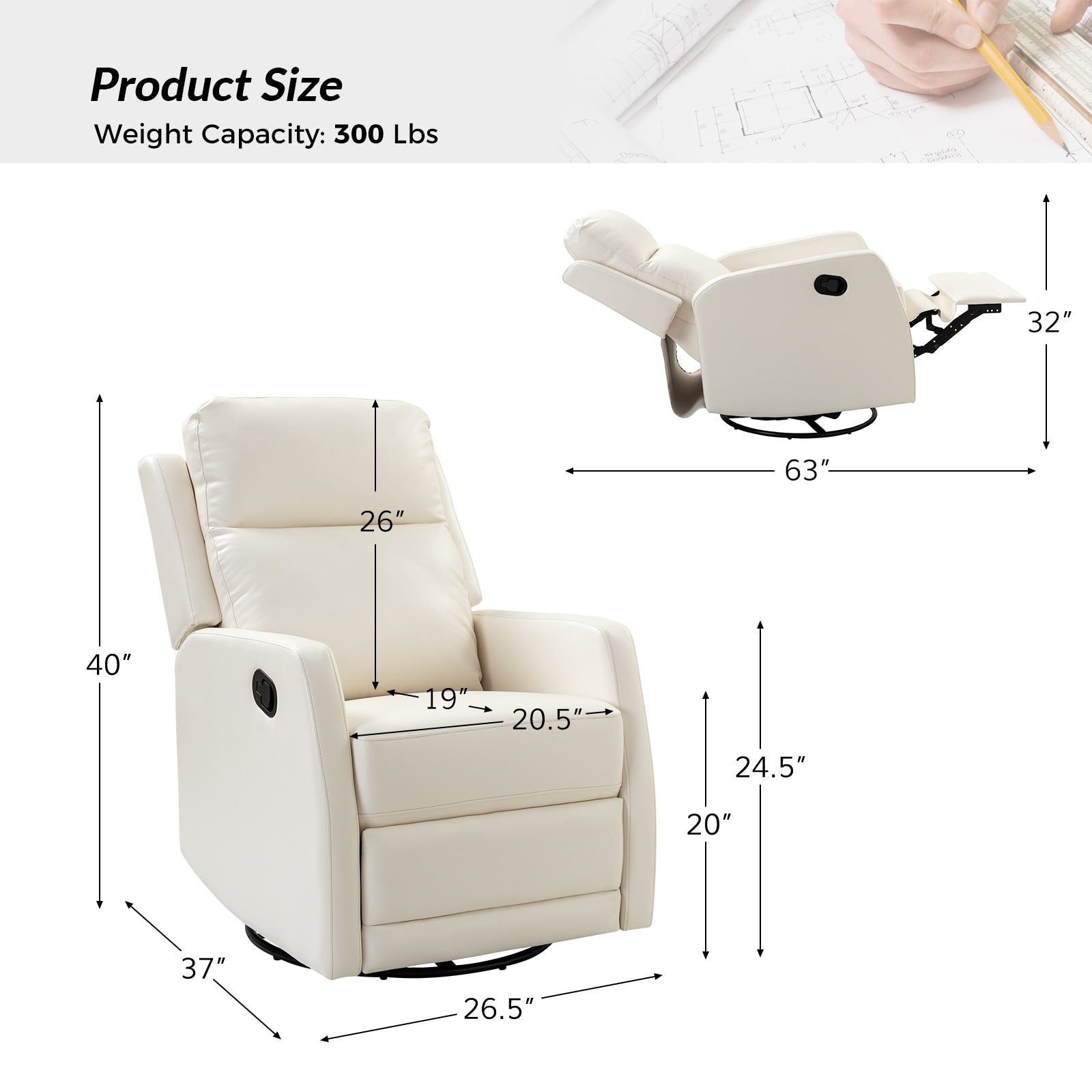 Fauteuil inclinable pivotant manuel Esteban en similicuir moderne avec dossier à oreilles, lot de 2