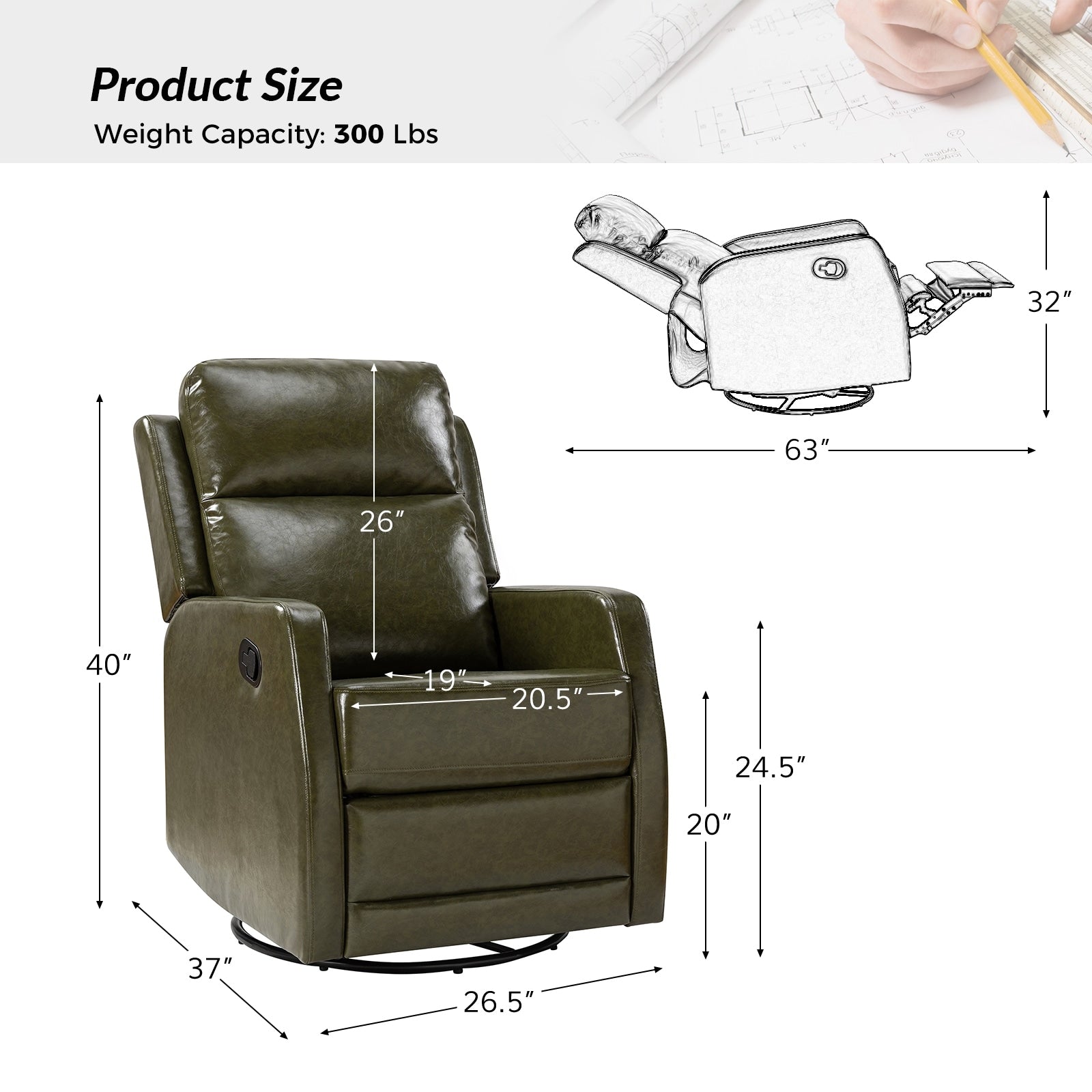 Fauteuil inclinable pivotant manuel en similicuir moderne Esteban avec dossier à oreilles