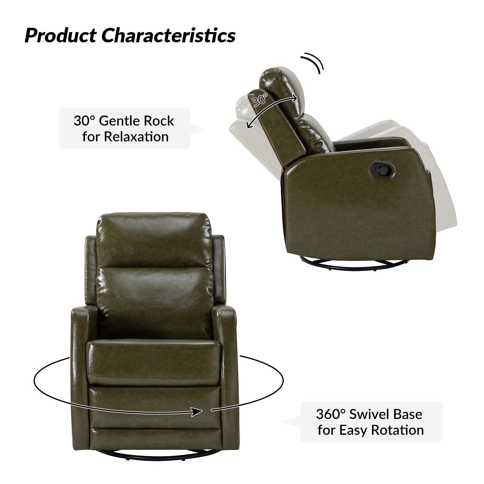 Fauteuil inclinable pivotant manuel en similicuir moderne Esteban avec dossier à oreilles