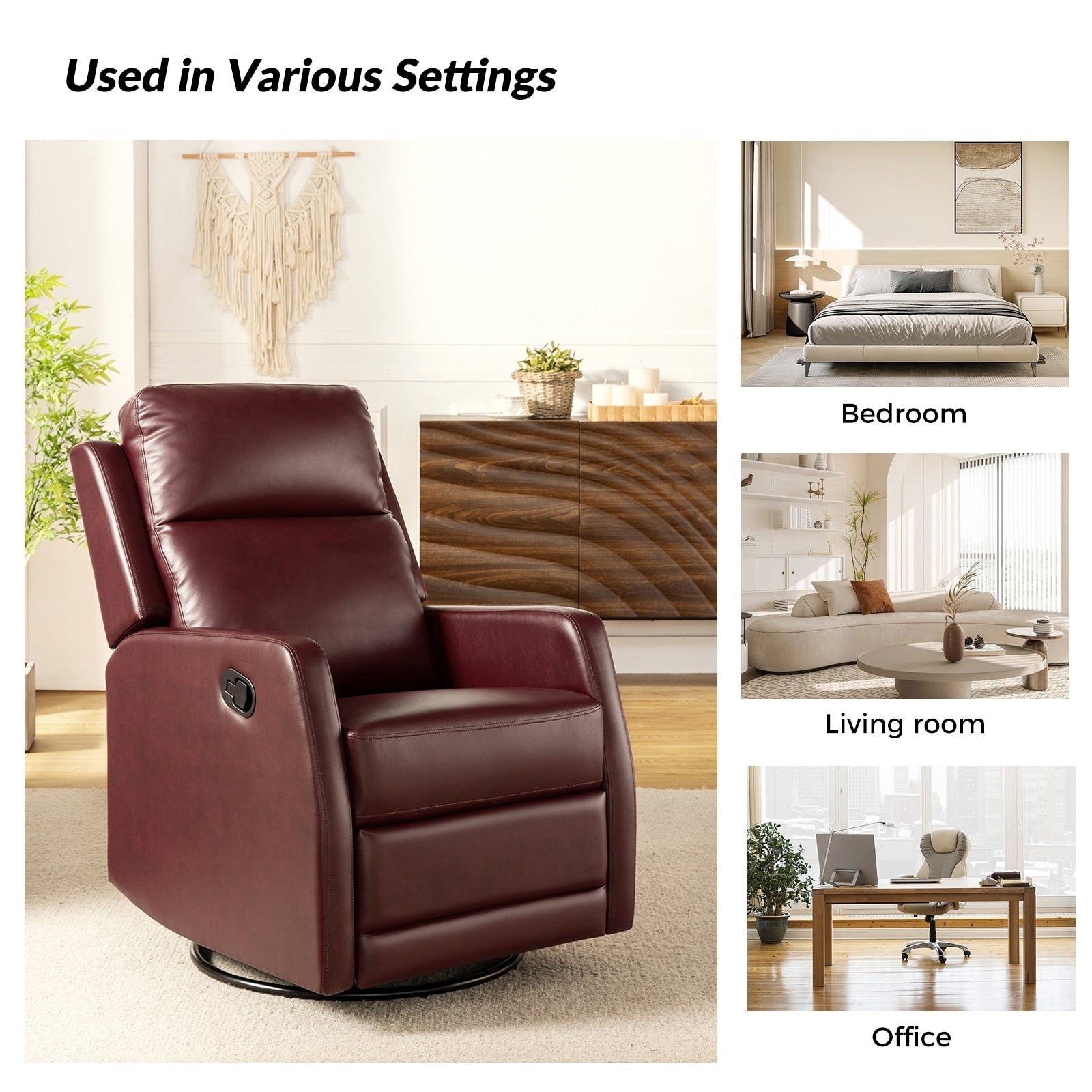 Fauteuil inclinable pivotant manuel en similicuir moderne Esteban avec dossier à oreilles