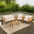 Ensemble de patio extérieur Everly 4 pièces en bois d'acacia moderne du milieu du siècle avec coussins et oreillers décoratifs à carreaux, par JONATHAN Y