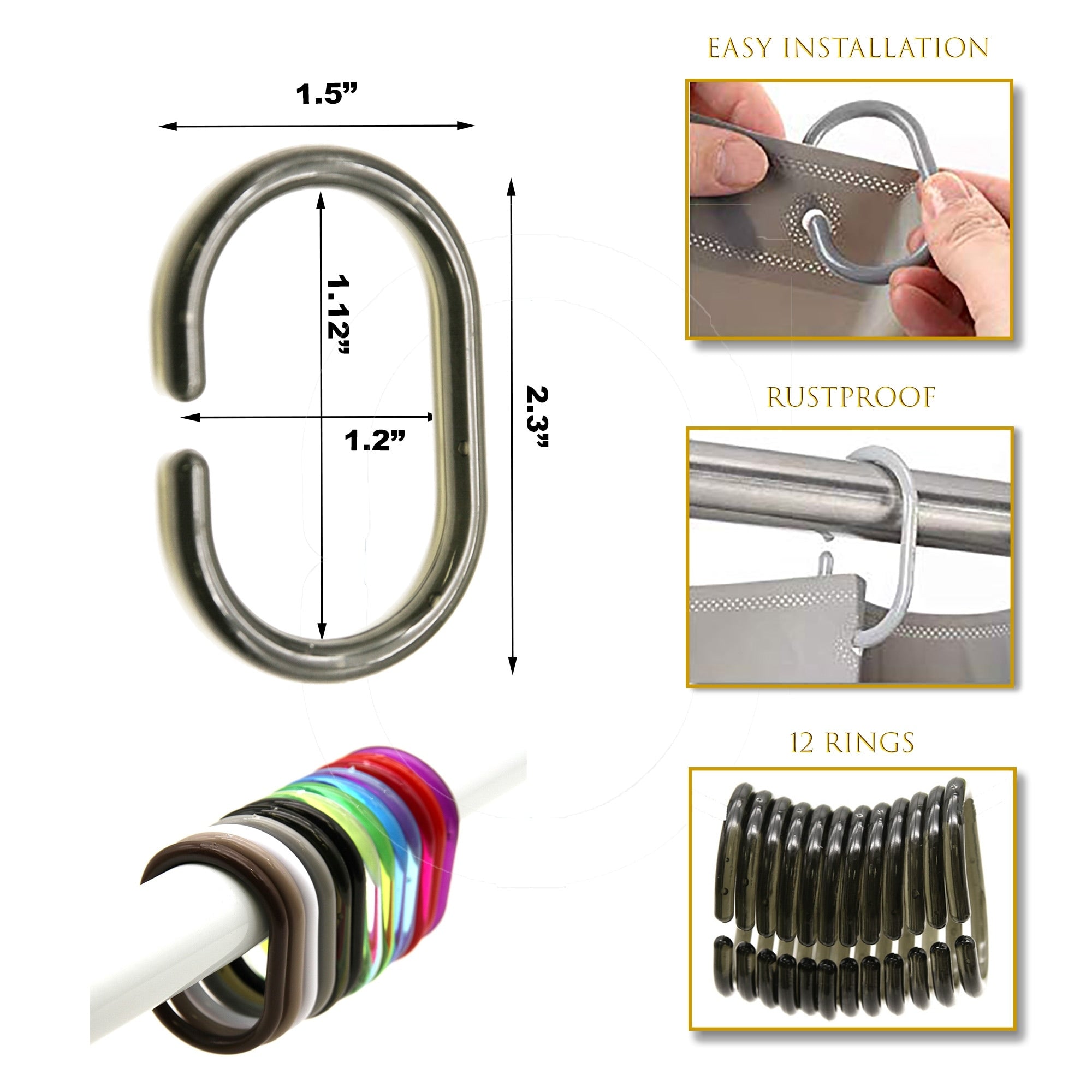 Anneaux de rideau de douche Evidco avec crochets en plastique (lot de 12)