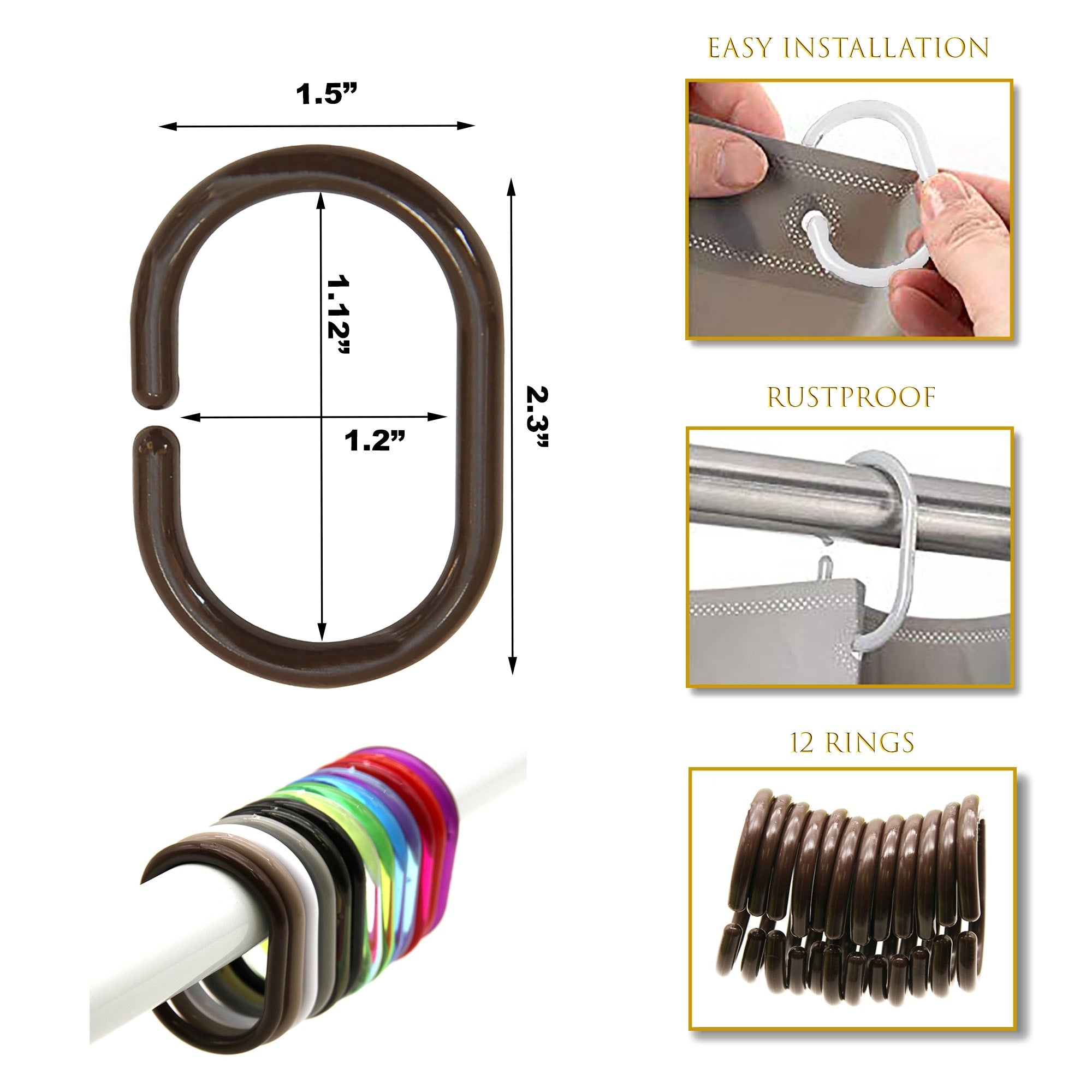 Anneaux de rideau de douche Evidco avec crochets en plastique (lot de 12)