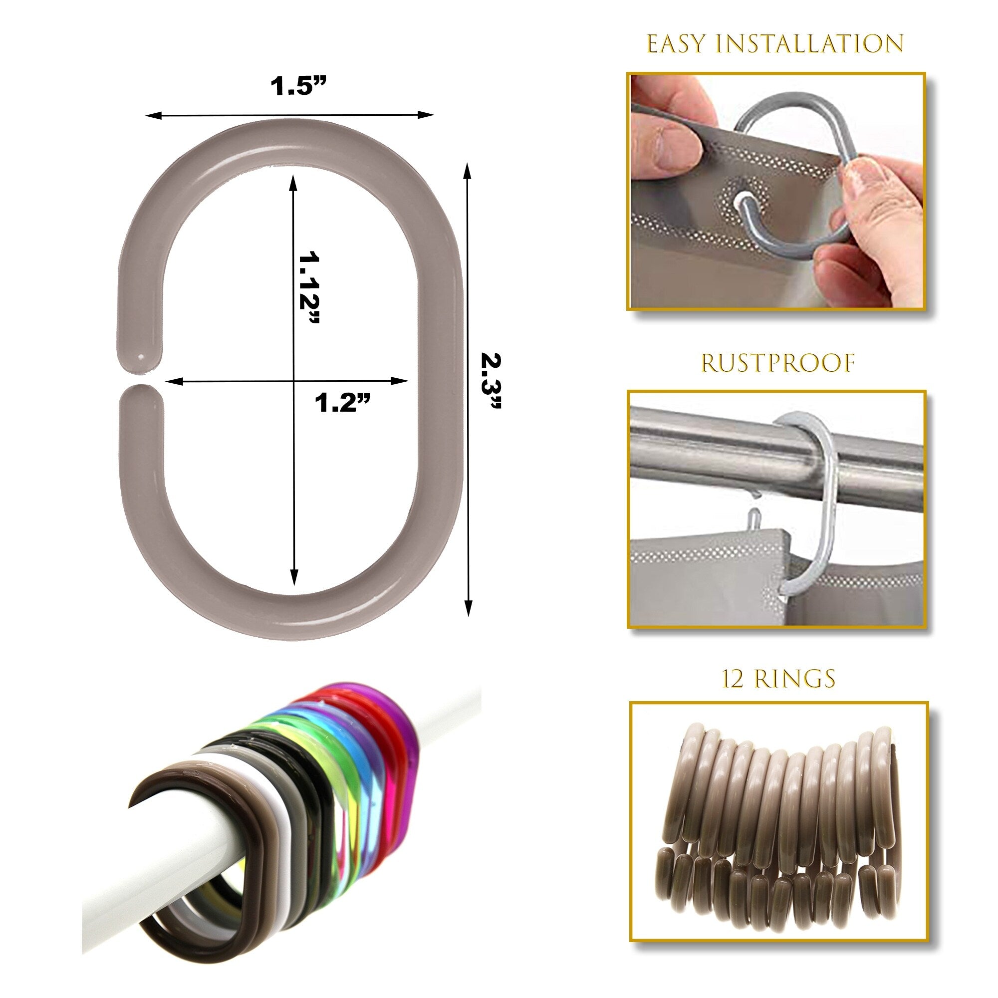 Anneaux de rideau de douche Evidco avec crochets en plastique (lot de 12)