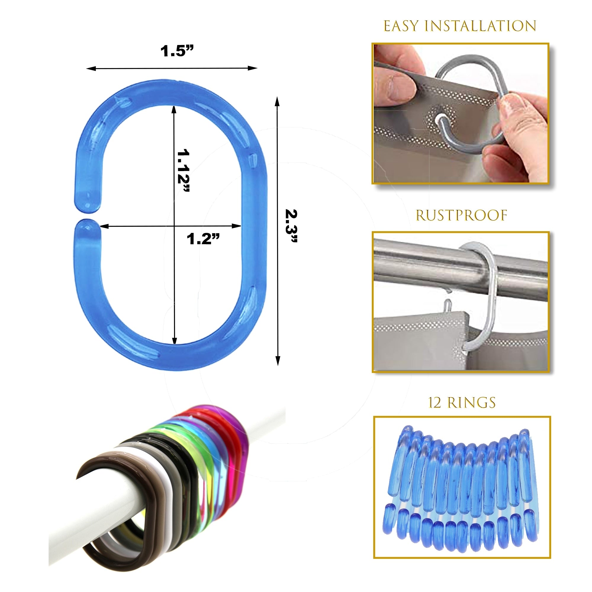 Anneaux de rideau de douche Evidco avec crochets en plastique (lot de 12)
