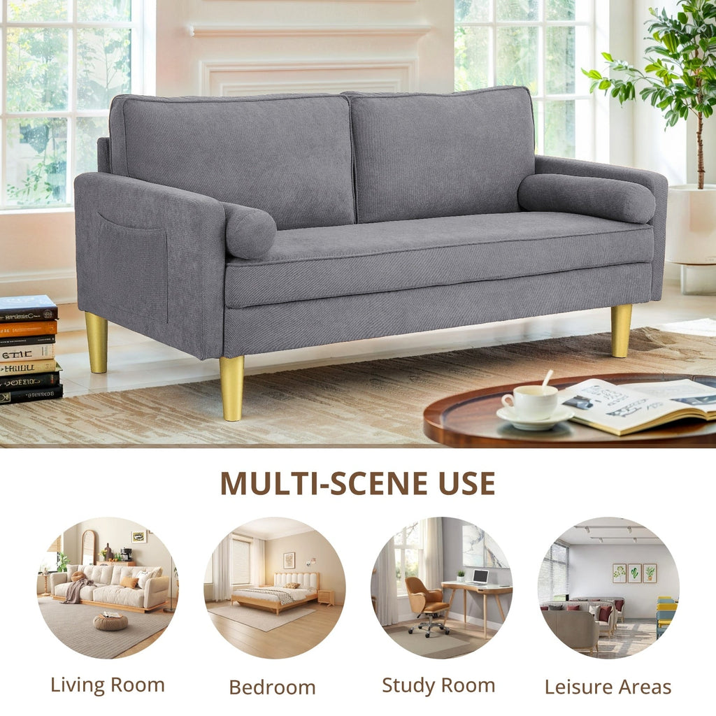 Superbe causeuse 2 places en polyester orange de 65 po avec poches latérales et coussins ronds - 65 po