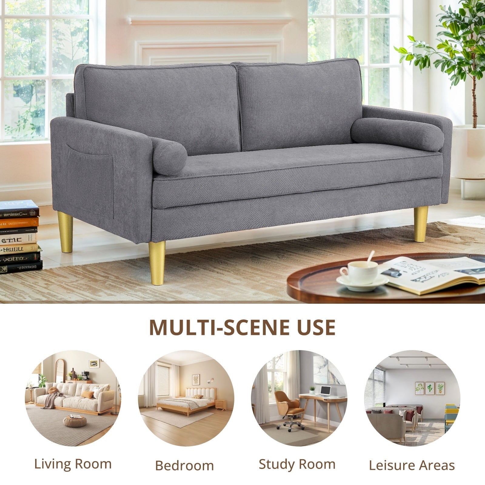 Superbe causeuse 2 places en polyester orange de 65 po avec poches latérales et coussins ronds - 65 po