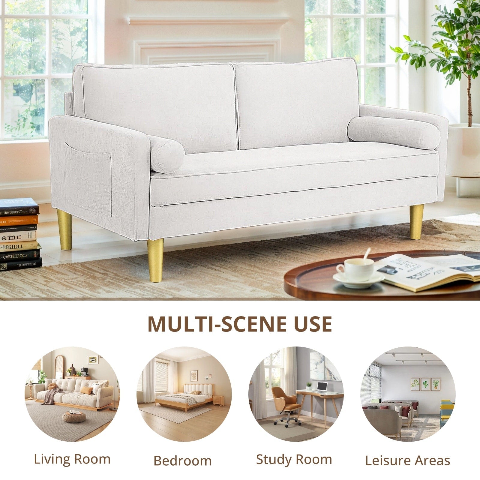 Superbe causeuse 2 places en polyester orange de 65 po avec poches latérales et coussins ronds - 65 po