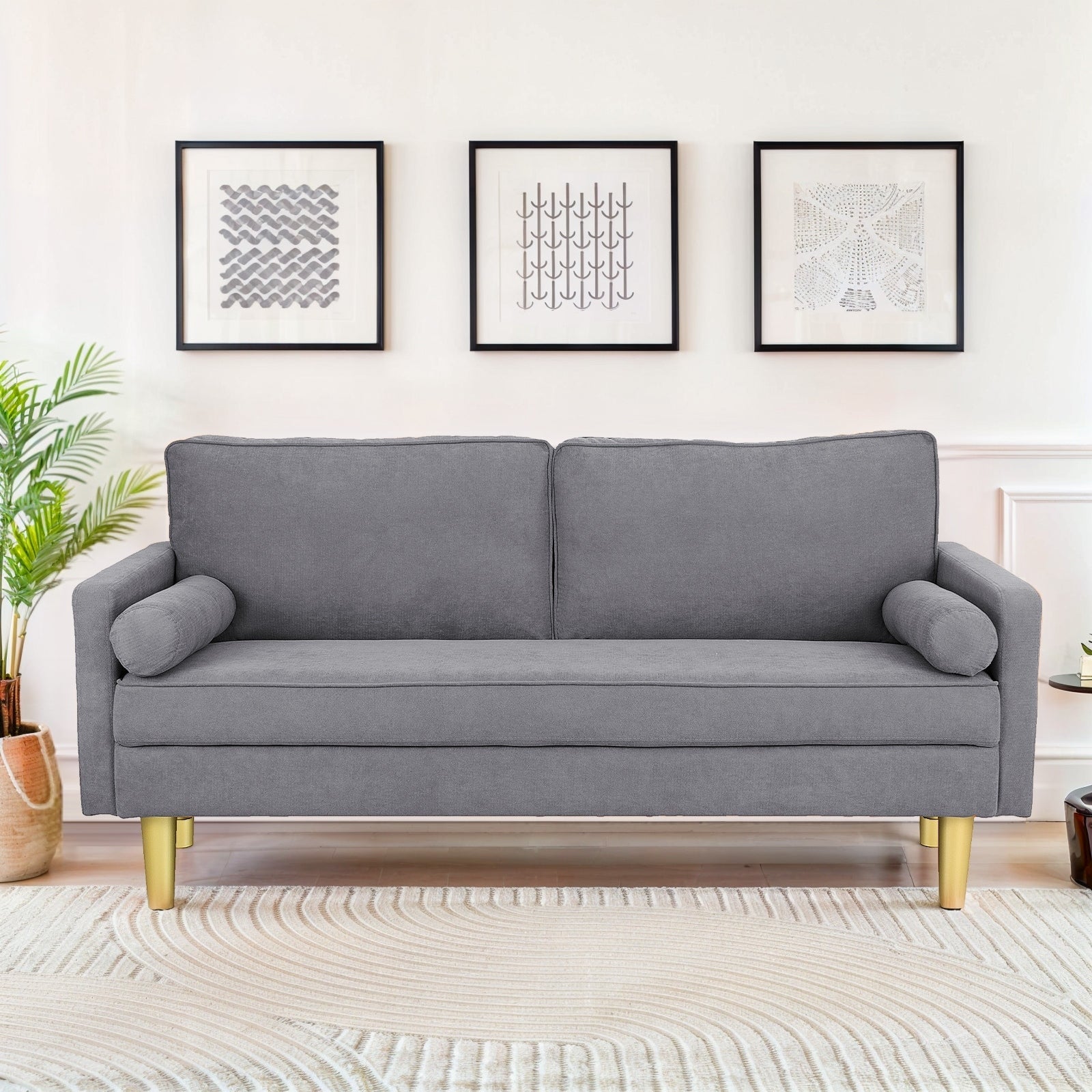 Superbe causeuse 2 places en polyester orange de 65 po avec poches latérales et coussins ronds - 65 po