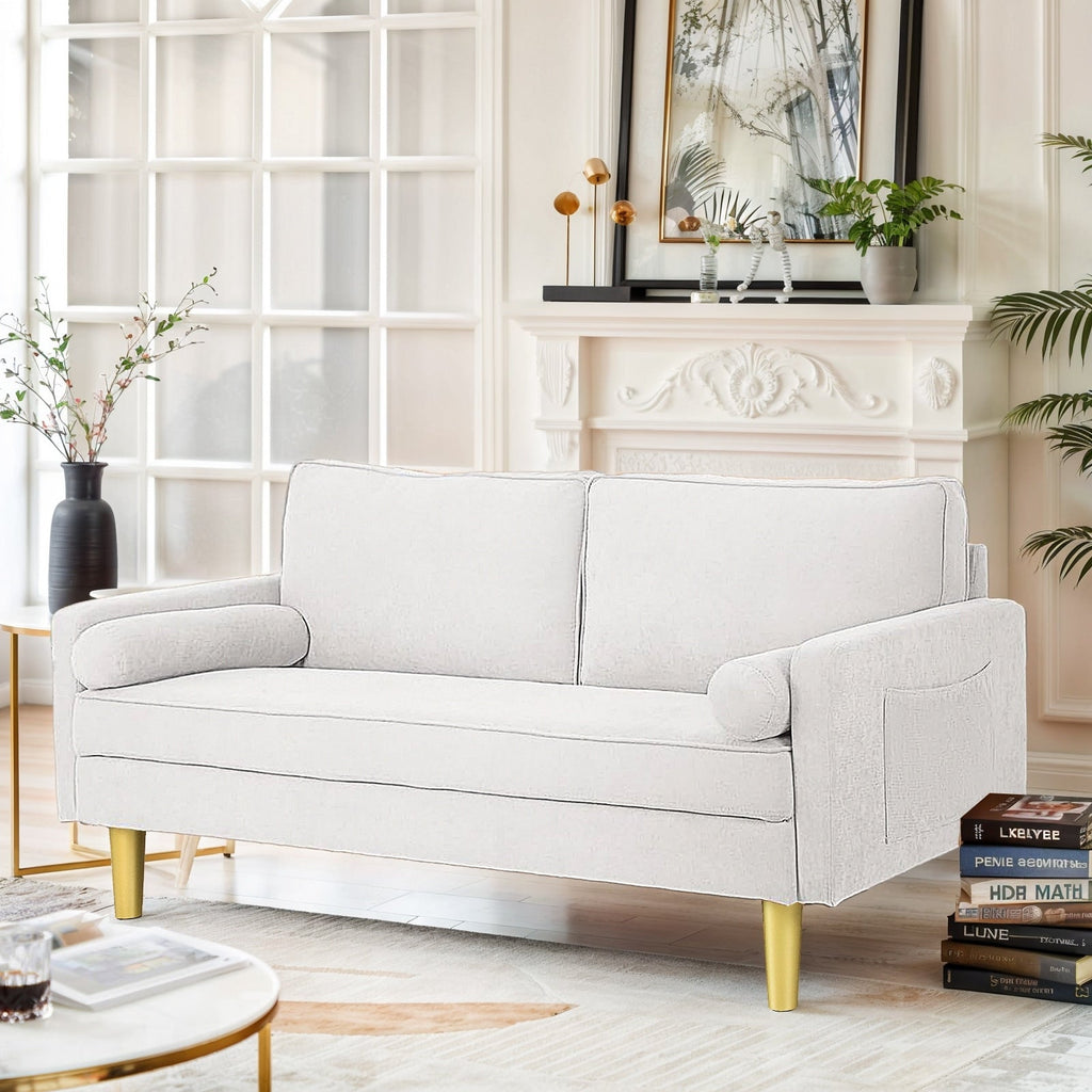 Superbe causeuse 2 places en polyester orange de 65 po avec poches latérales et coussins ronds - 65 po