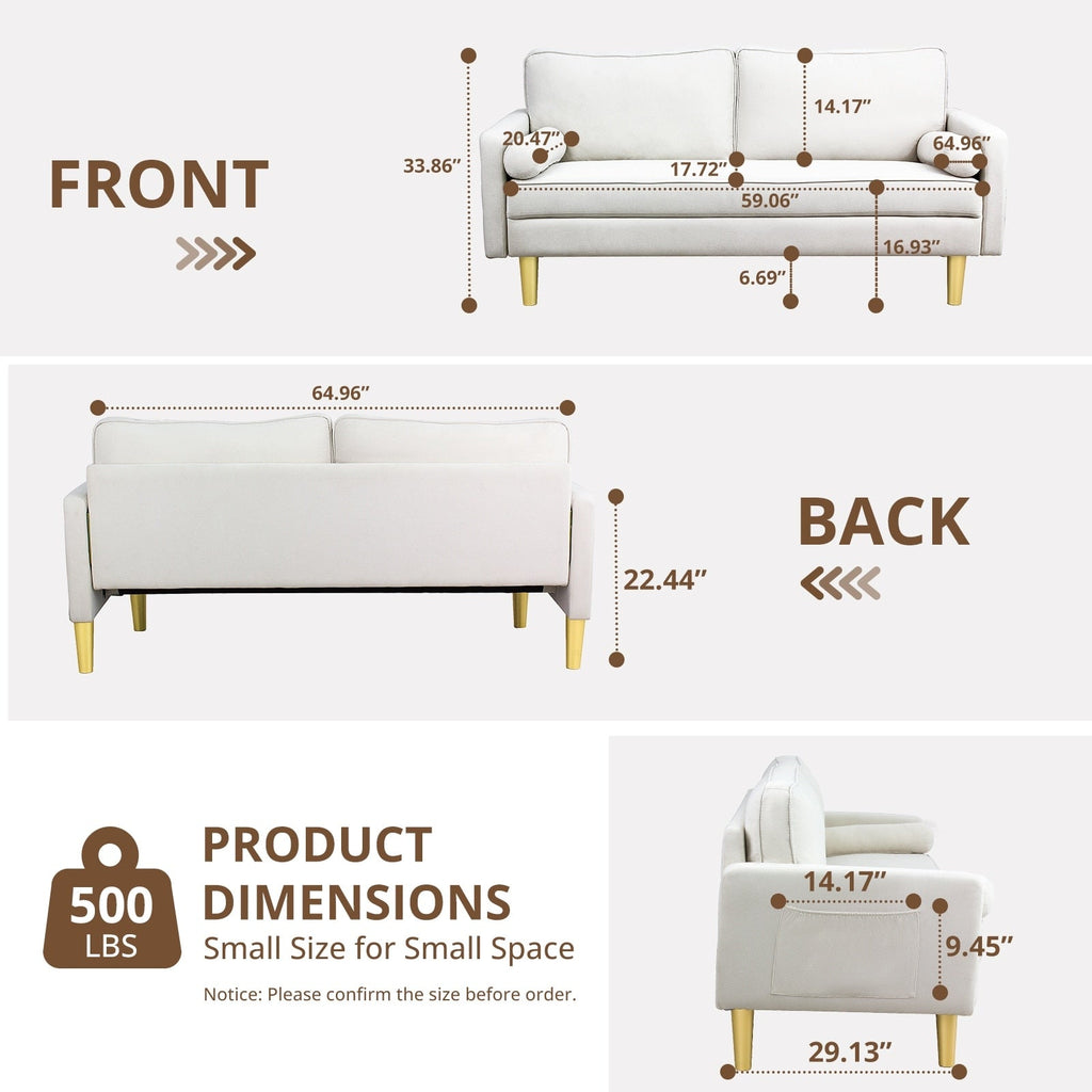 Superbe causeuse 2 places en polyester orange de 65 po avec poches latérales et coussins ronds - 65 po