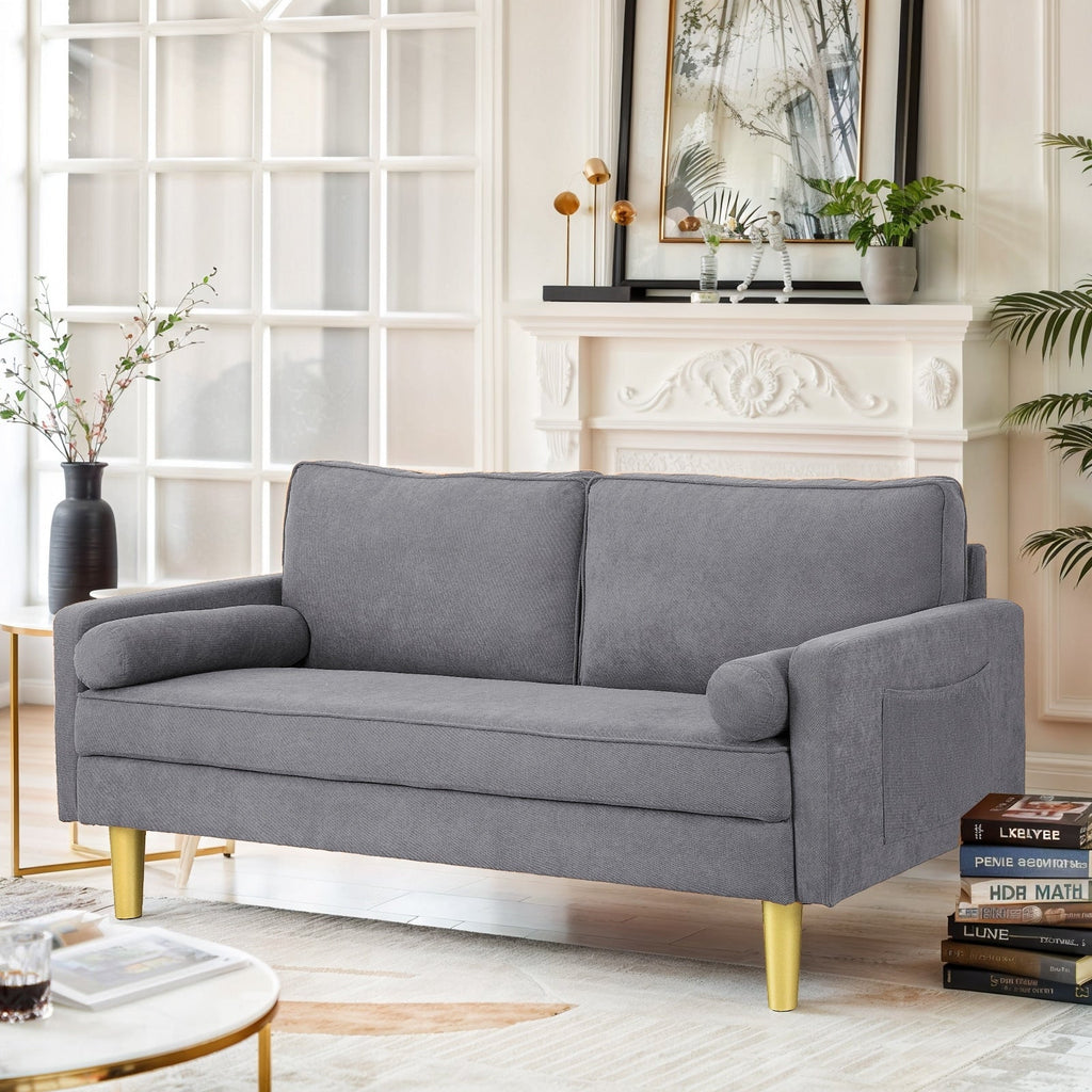 Superbe causeuse 2 places en polyester orange de 65 po avec poches latérales et coussins ronds - 65 po