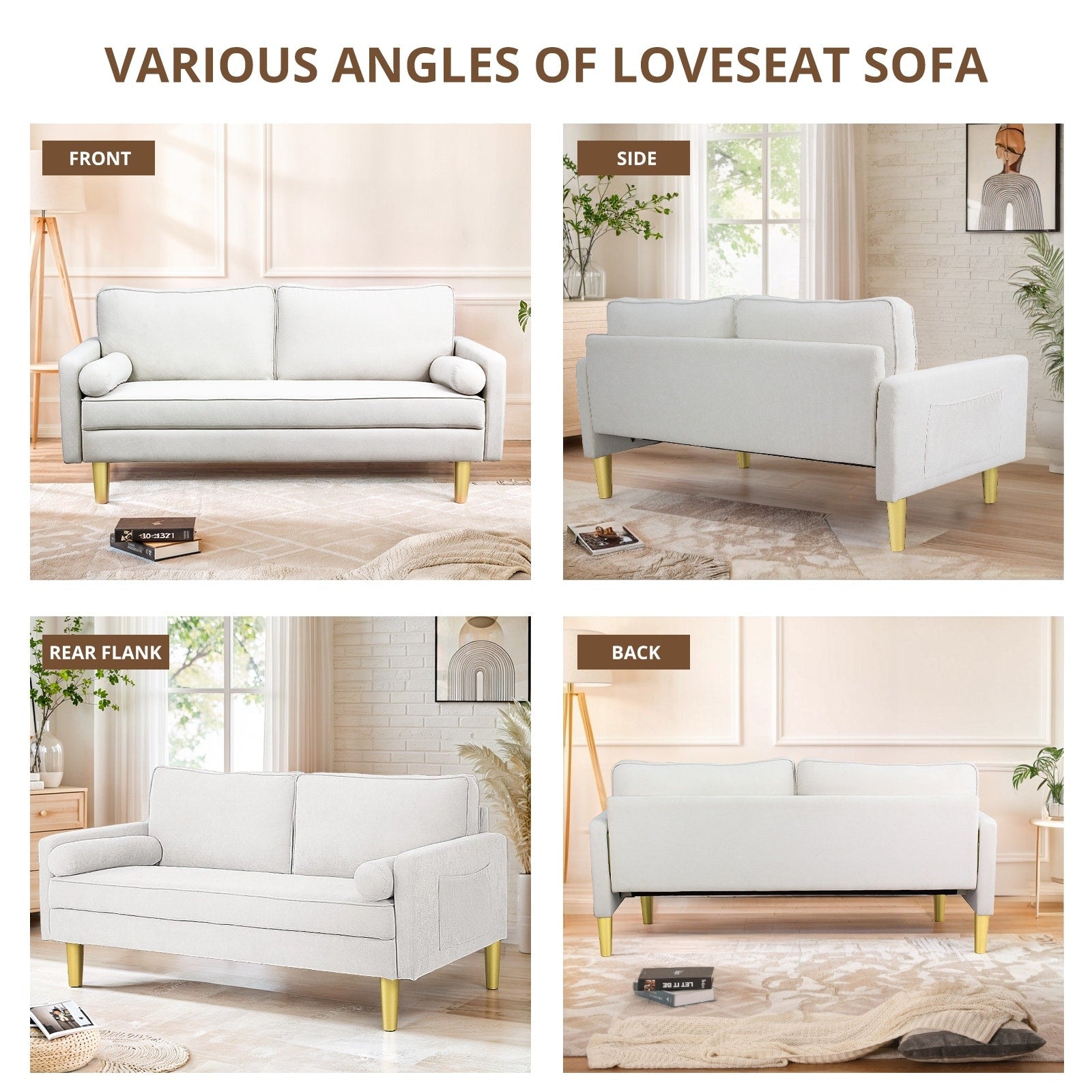 Superbe causeuse 2 places en polyester orange de 65 po avec poches latérales et coussins ronds - 65 po