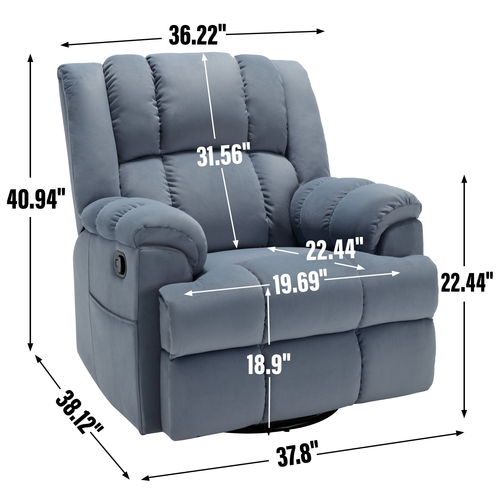 Fauteuil inclinable manuel extra-large avec base pivotante à 360° et mouvement de bascule, assemblage sans outil